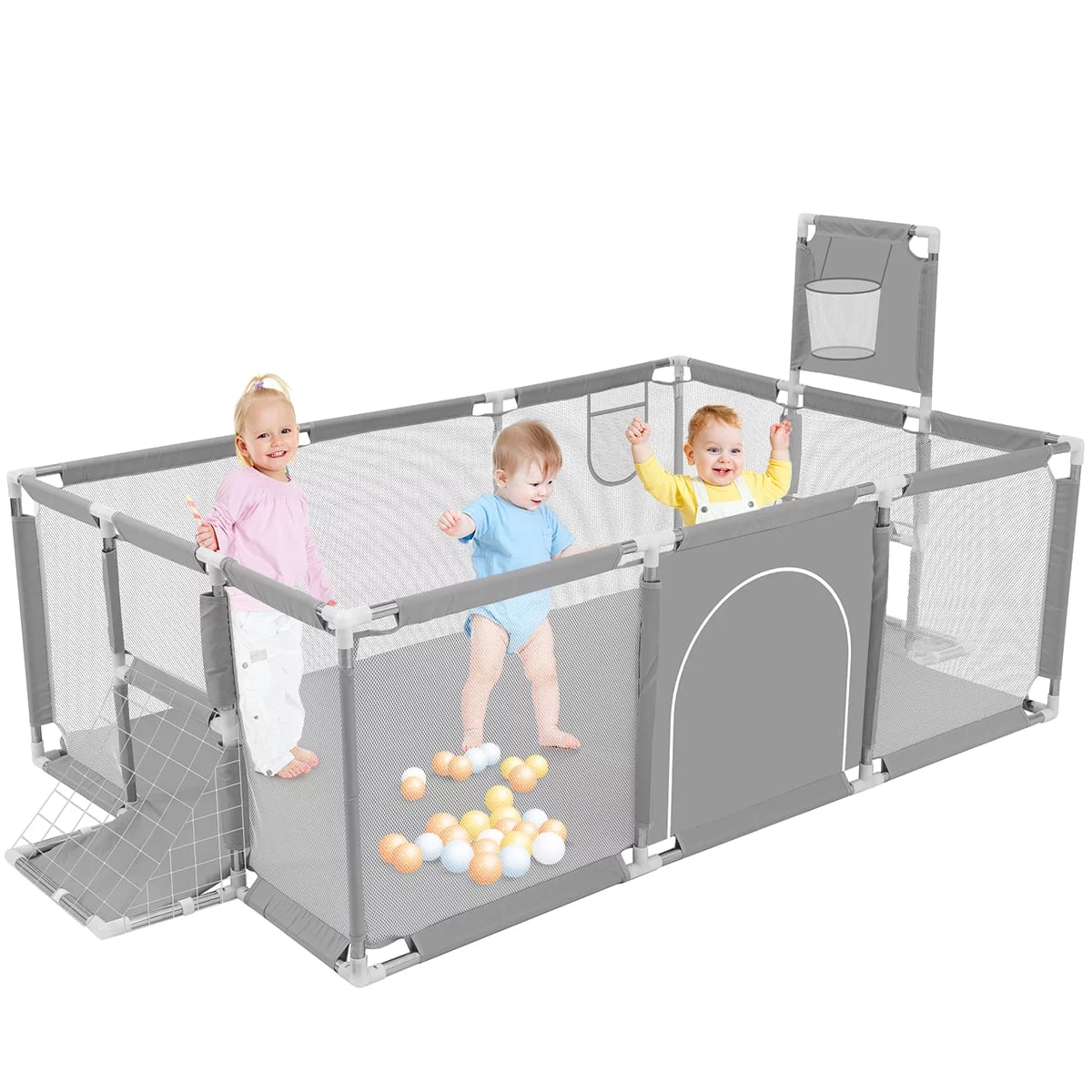 Zmoon Baby Playpen,71inch Extra Large Baby Playard with Basketball Hoop and Breathable Mesh,Children Kids Play Fence,Baby Play Pen, Infant Play Area(Grey)