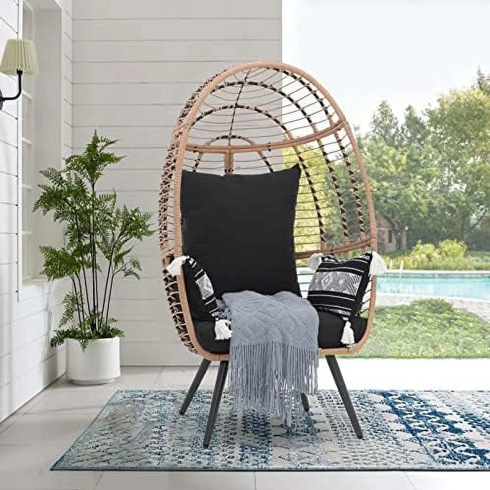 ASDRFYU Wicker Egg Chair  Outdoor Indoor Oversized Lounger Large Egg Basket Chair with Stand and Cushions for Patio Porch  Backyard  Living Room  Balcony (Beige Rattan  Black Cushion)