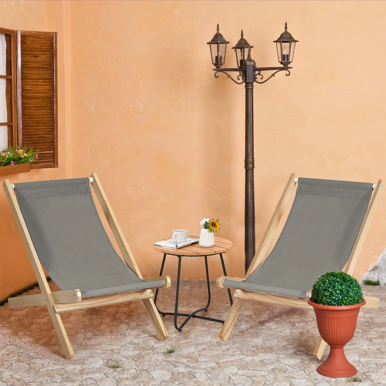 Folding Sling Chair, Outdoor Wood Portable Beach Chair with 3-Positions Adjustable Backrest, Patio Lounge Chair with Thick Cushion for Yard Poolside Balcony (1)