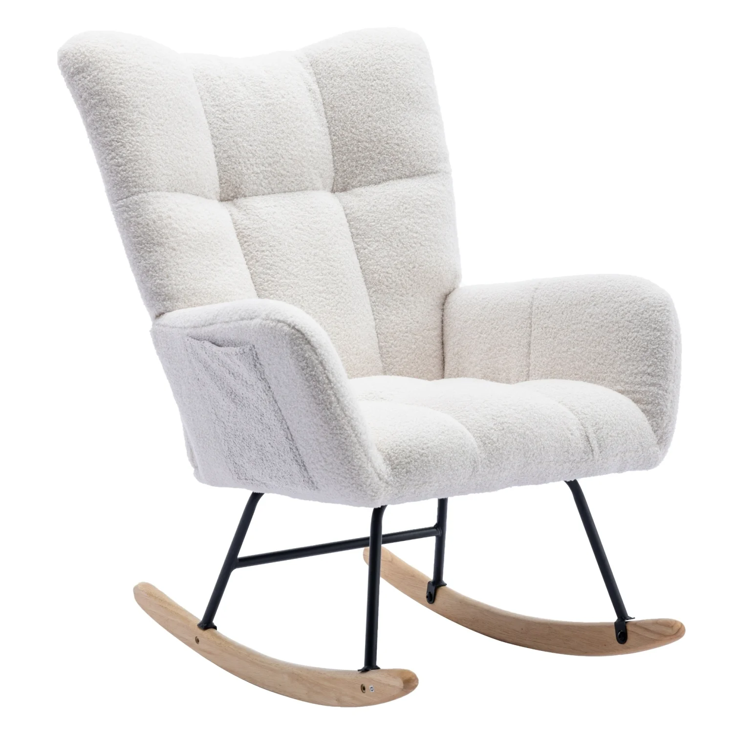 Comfy Soft White Teddy Fabric Wingback Glider Rocker Chair with Convenient Pocket and Safe Solid Wood Base for Nursery  Living Room  Bedroom  or Balcony Comfort