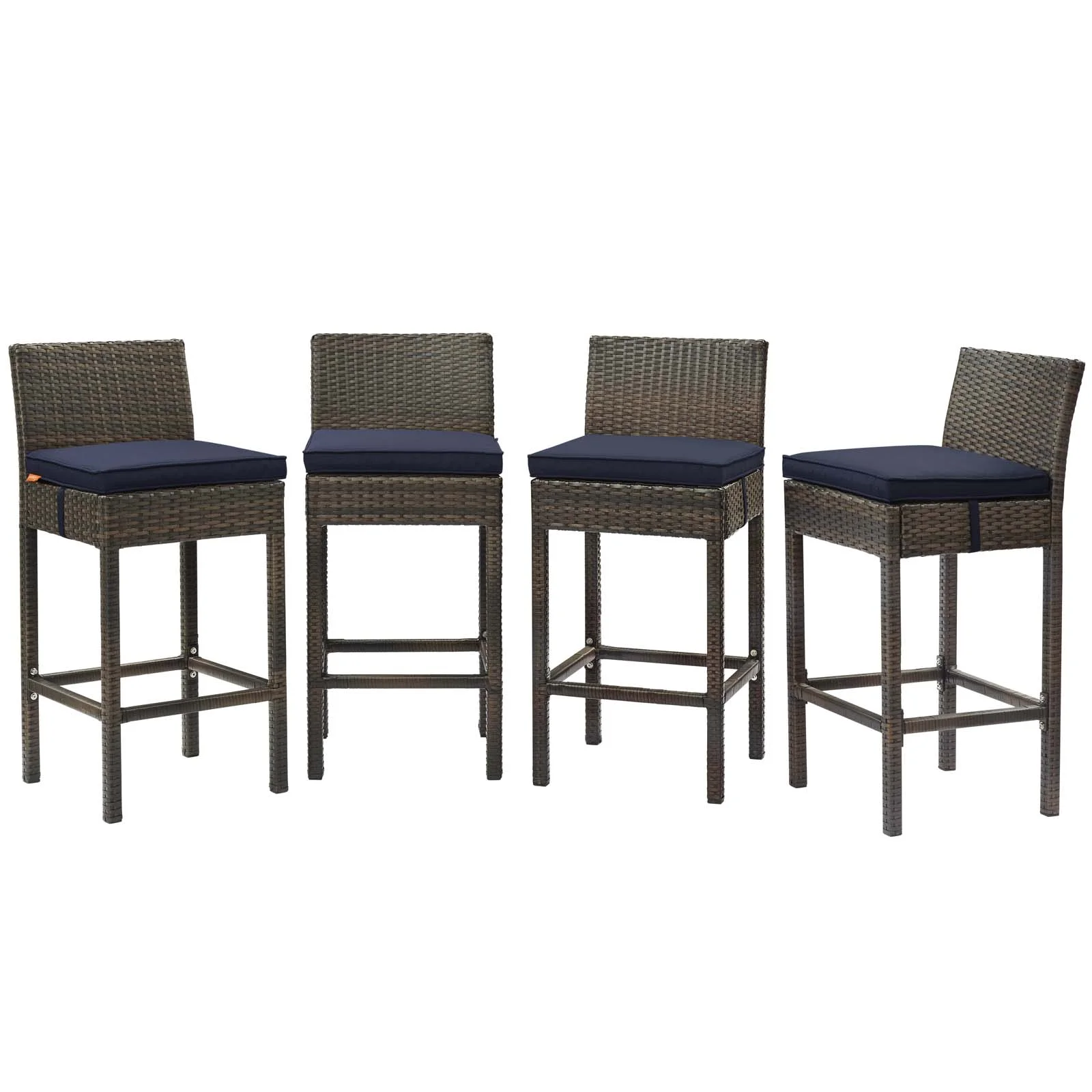 Contemporary Modern Urban Designer Outdoor Patio Balcony Garden Furniture Bar Side Stool Chair, Set of Four, Fabric Rattan Wicker, Brown Navy Blue