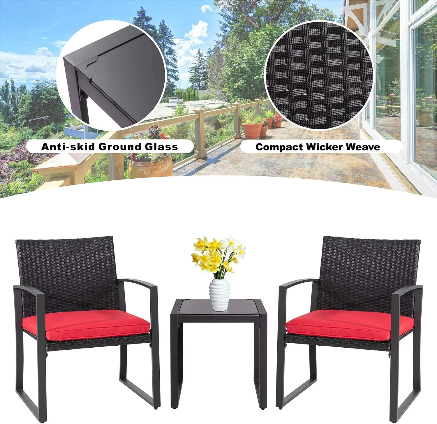 3 Pieces Outdoor Patio Furniture Set Modern Wicker Bistro Set Rattan Chair Conversation with Coffee Table for Yard Porch Poolside Lawn(Beige Cushion )