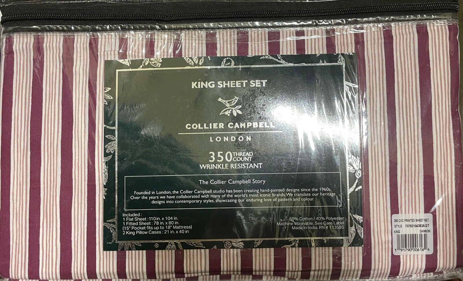 Collier Campbell London 350TC Cotton Blend Striped Sheet Set - KING - Damson