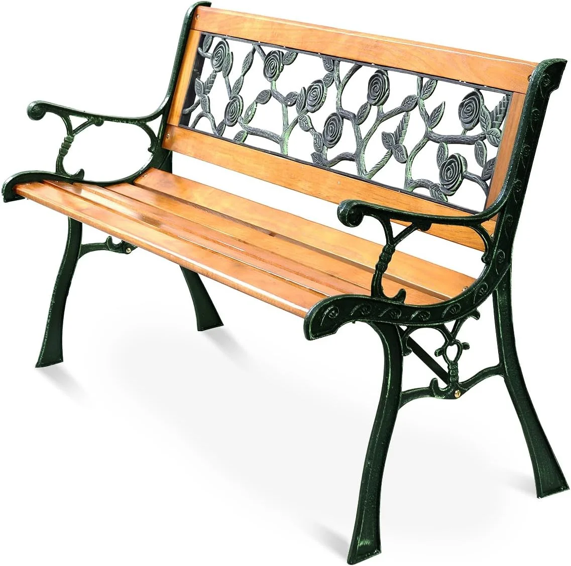 50'' Patio Park Garden Bench, Outdoor Furniture Rose Cast Iron Hardwood Frame Porch Loveseat for 2 Person Outdoor Clearance