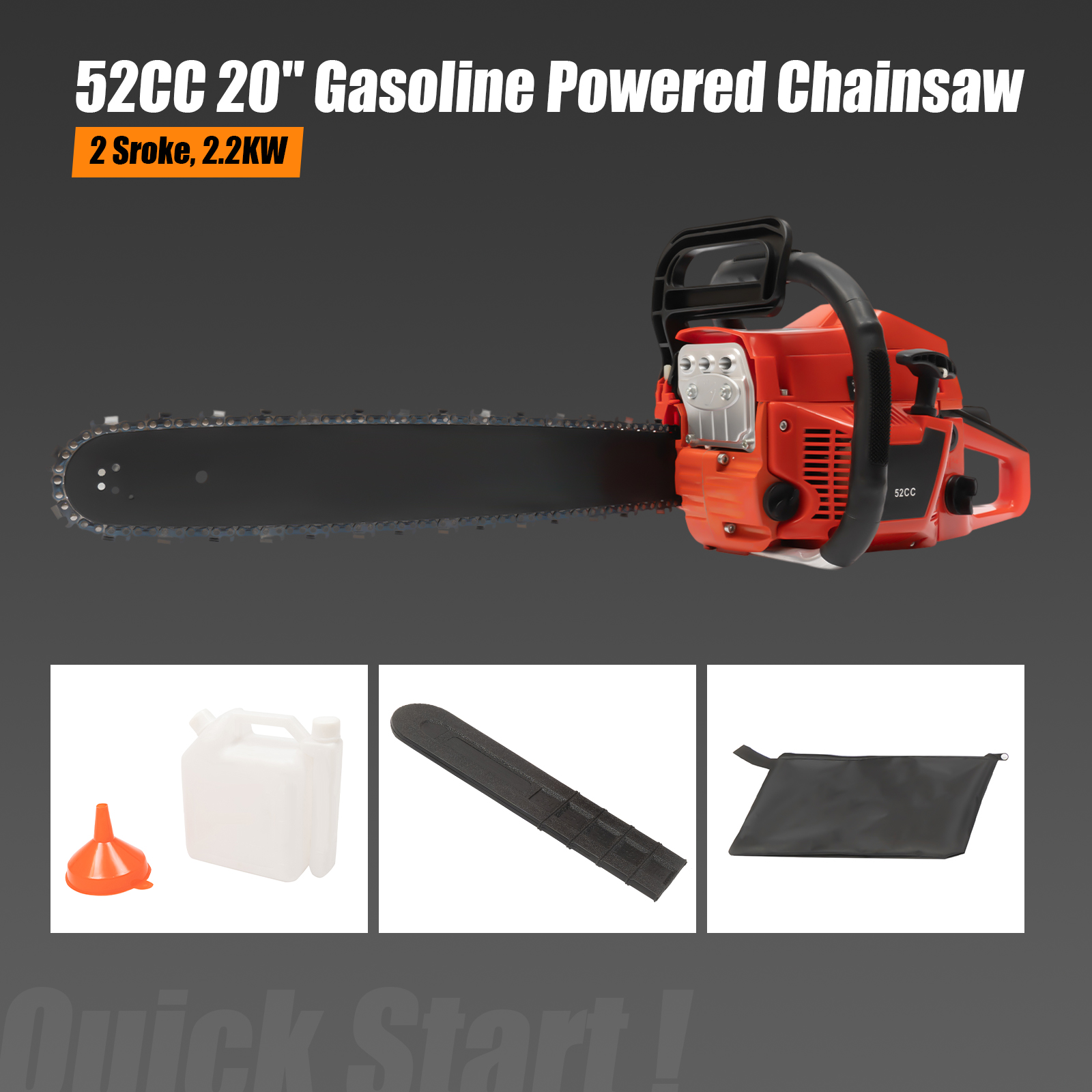 2-Stroke 2.2KW 52cc Gas Powered Chainsaw 20in Handed Petrol Gasoline Chain Saw 10500rpm, Single Cylinder, Air-Cooled
