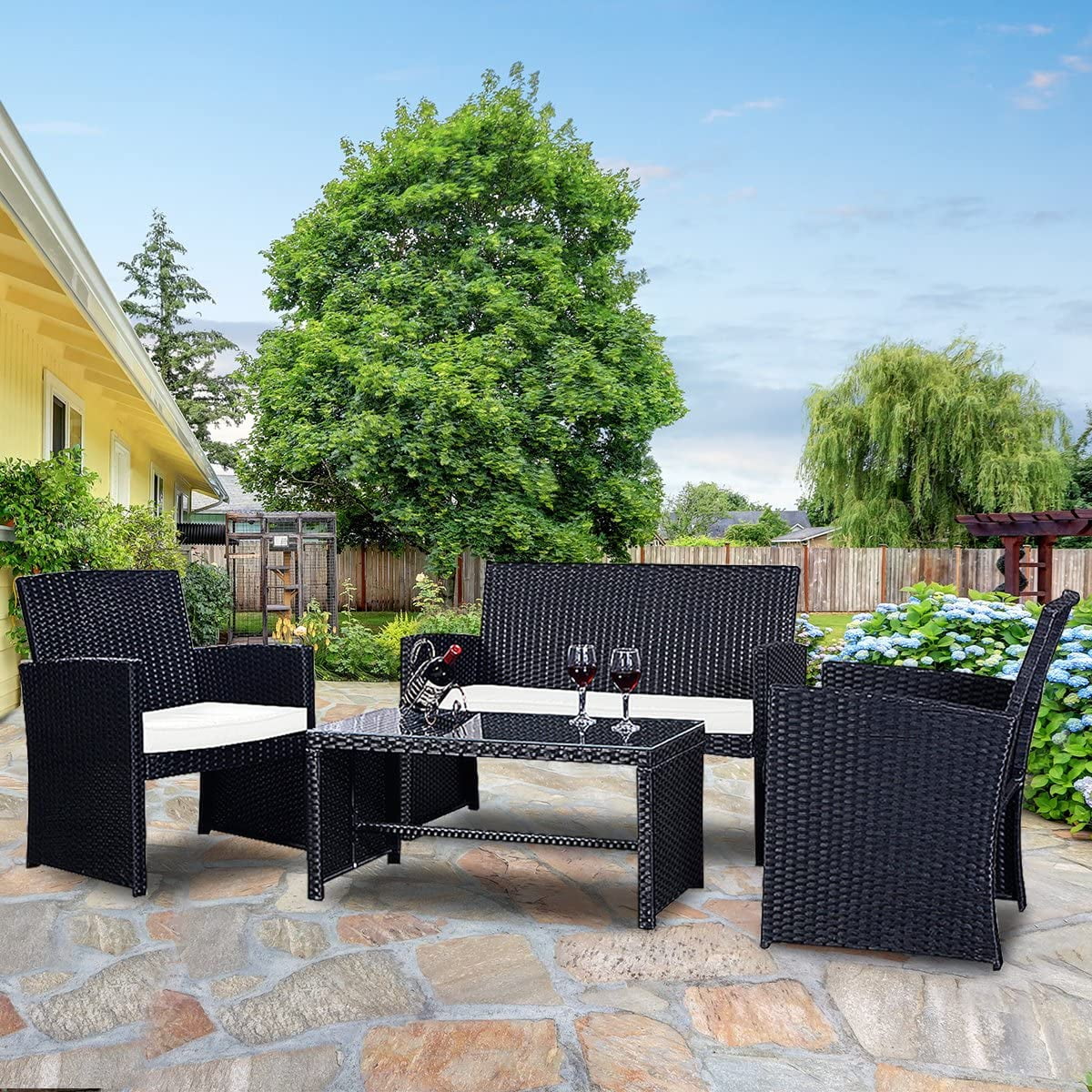 Dina 4pcs Patio Furniture Set Rattan Wicker Conversation Set Outdoor Sofa Wicker Table & Chair Set with Cushions for Garden Lawn Pool Backyard