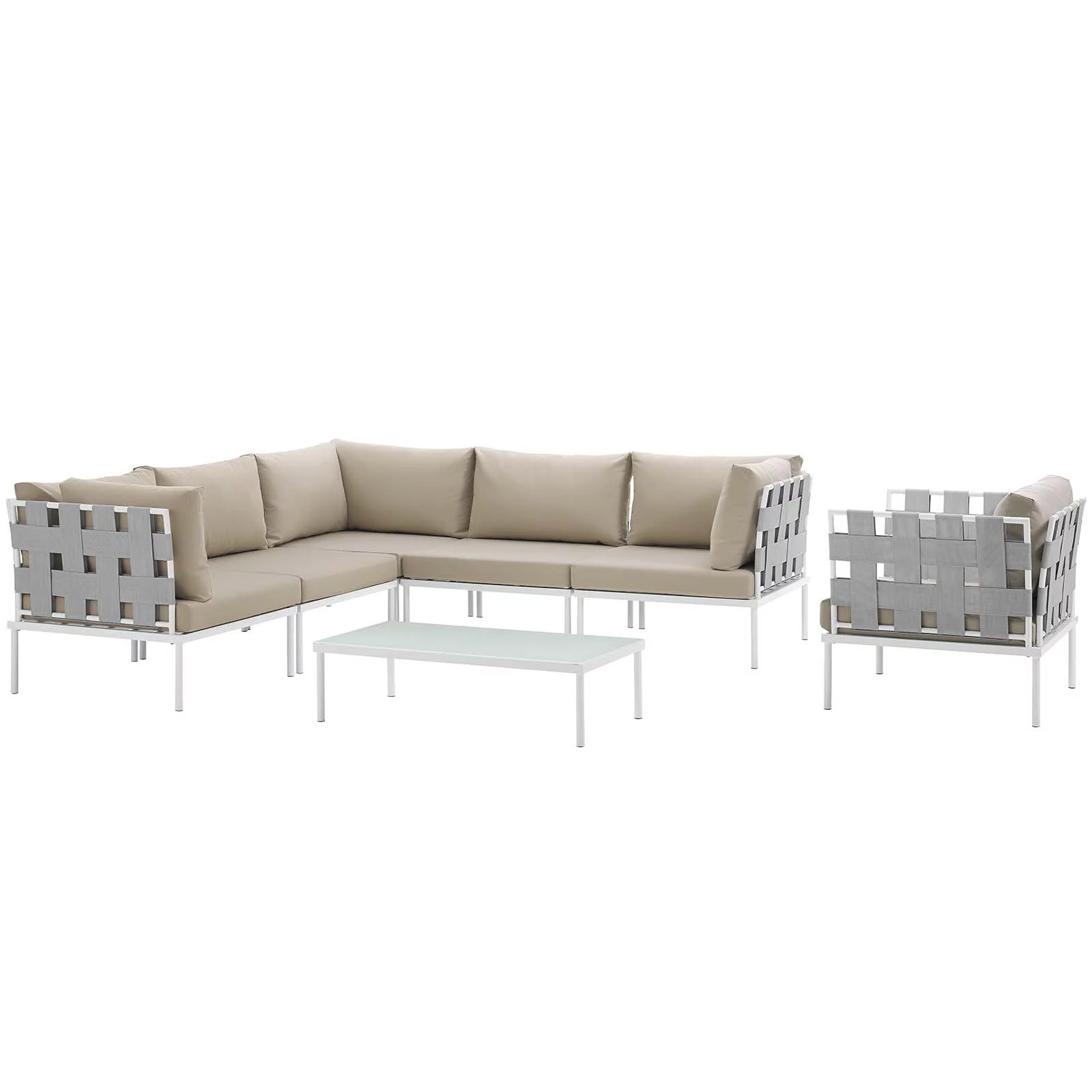 Modern Contemporary Urban Design Outdoor Patio Balcony Seven PCS Sectional Sofa Set, Beige White, Rattan