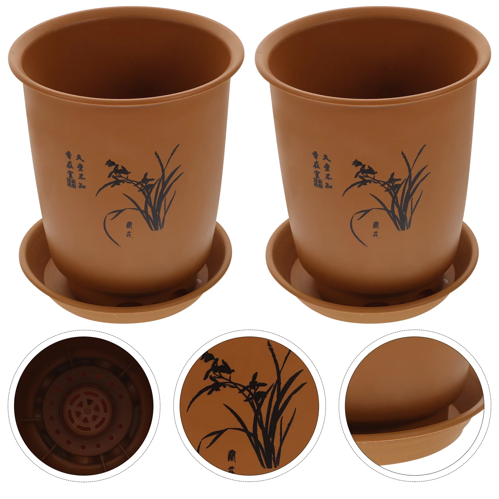 Gongxipen 2 Sets Orchid Pot Plastic Imitation Porcelain Flowerpot Planter With Trays Random Orchid Style and Pattern