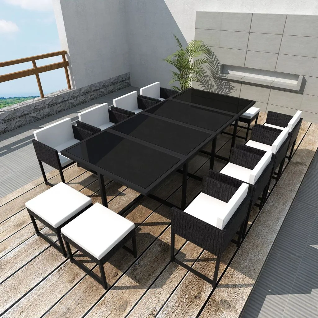 Andoer 13 Piece  Dining Set with Cushions Poly Rattan Black