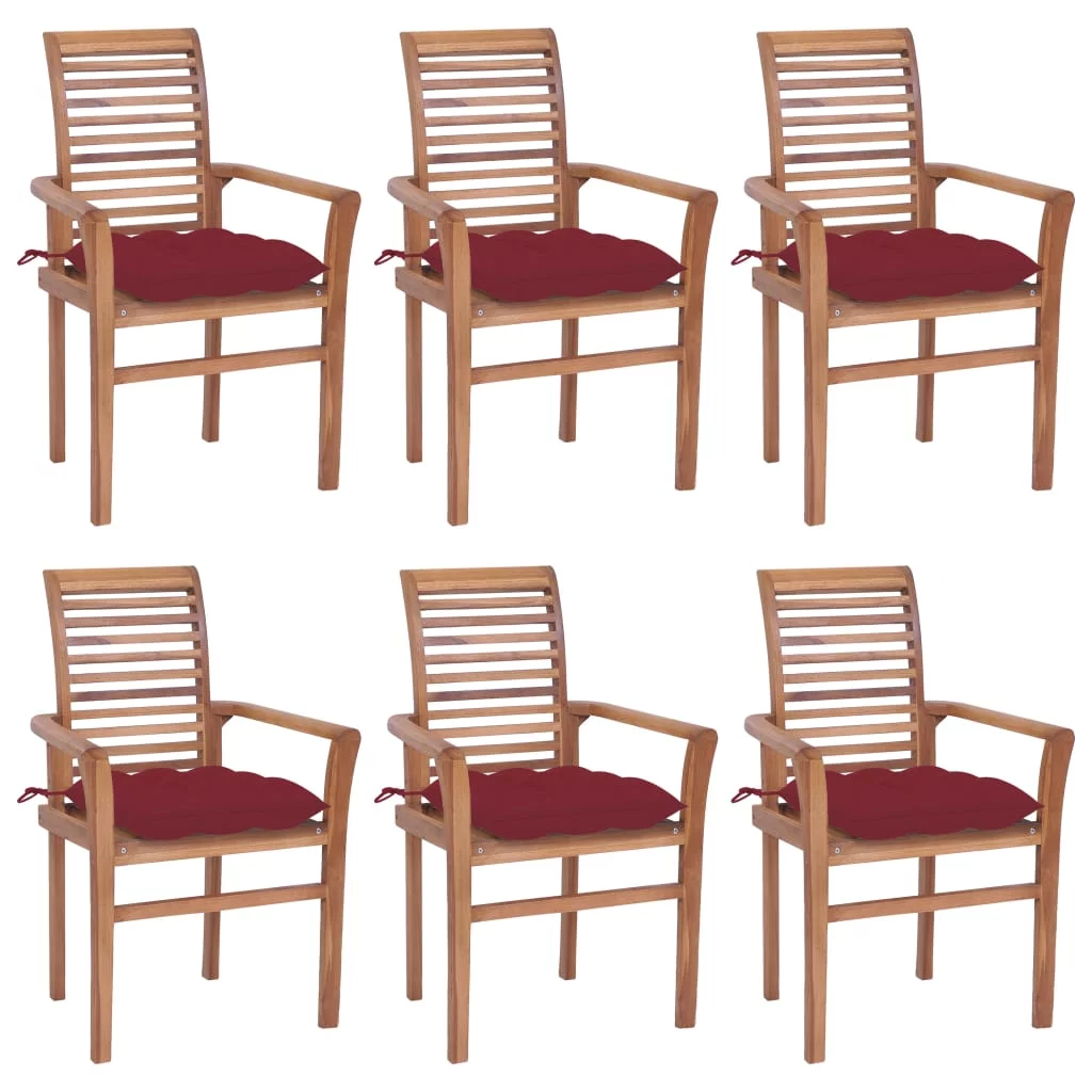 Dining Chairs 6 pcs with Wine Red Cushions Solid Teak Wood