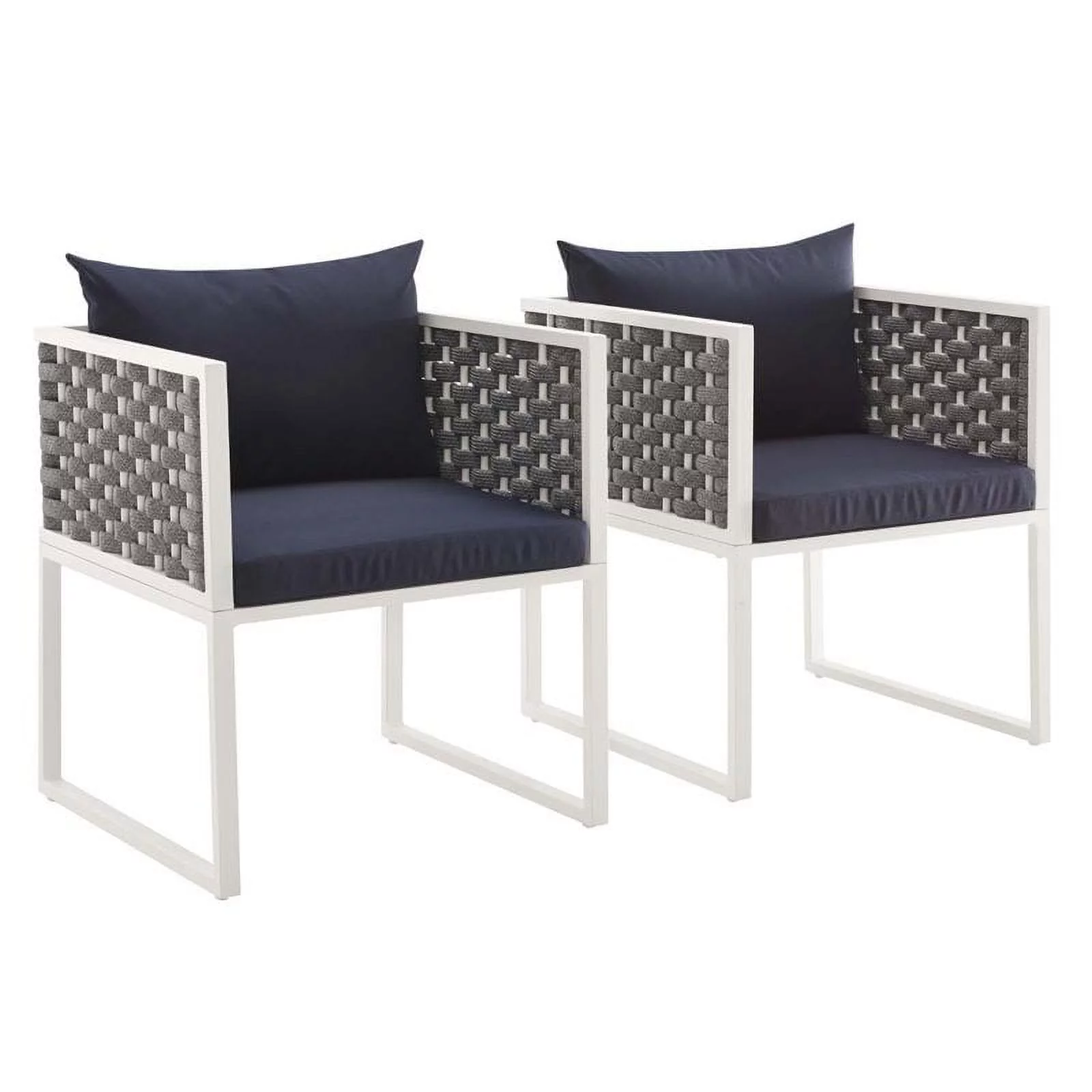 Pemberly Row  Aluminum Patio Dining Armchair in White and Navy (Set of 2)