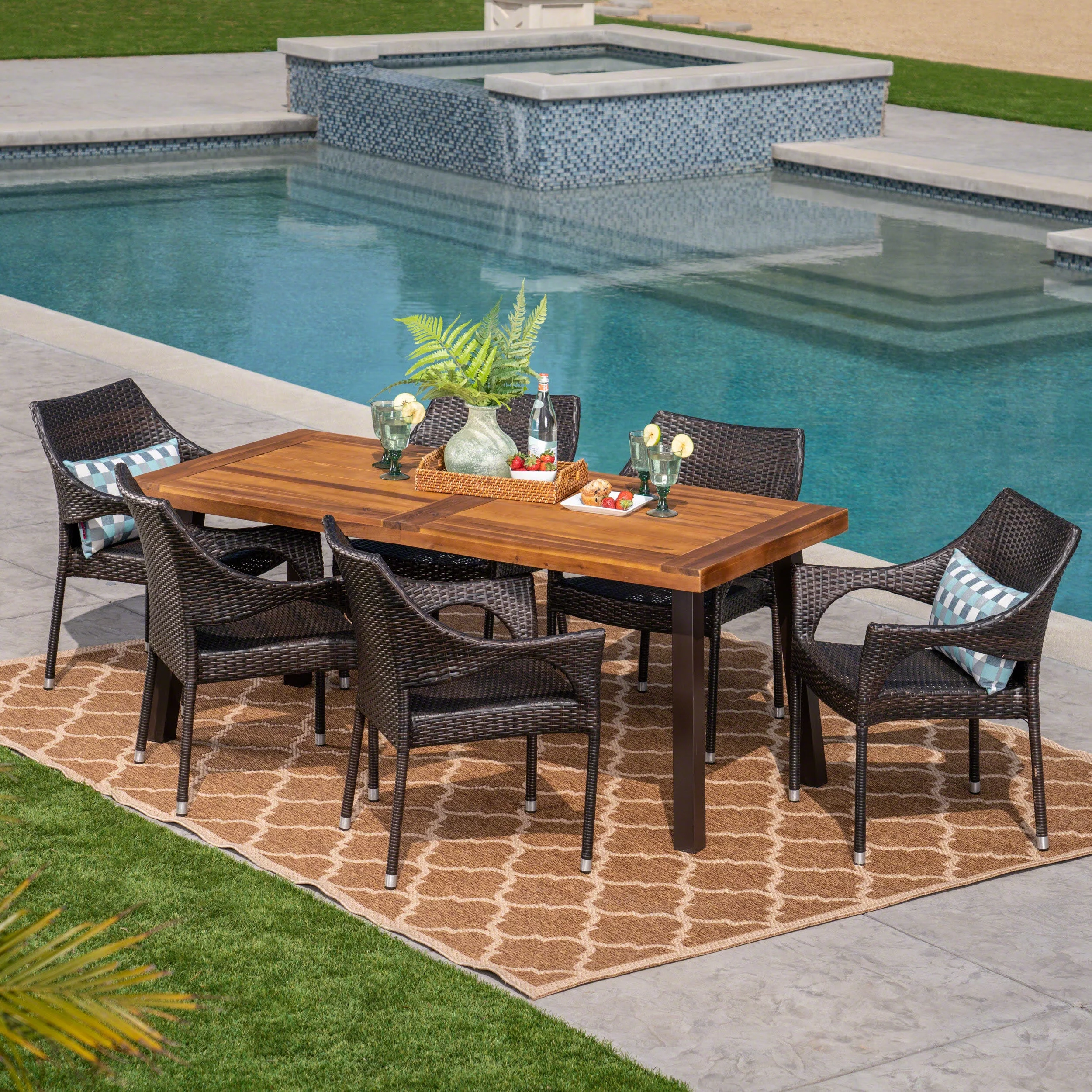 Outdoor 7 Piece Acacia Wood / Wicker Dining Set, Teak, Multibrown