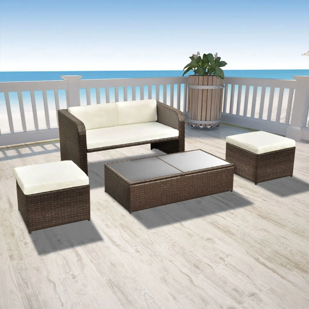 Anself 4 Piece Patio  Set Cream White Cushioned Sofa with Glass Tabletop Coffee Table and 2 Stools Brown Poly Rattan Conversation Set for Patio, Backyard, Patio, Balcony,  Furniture