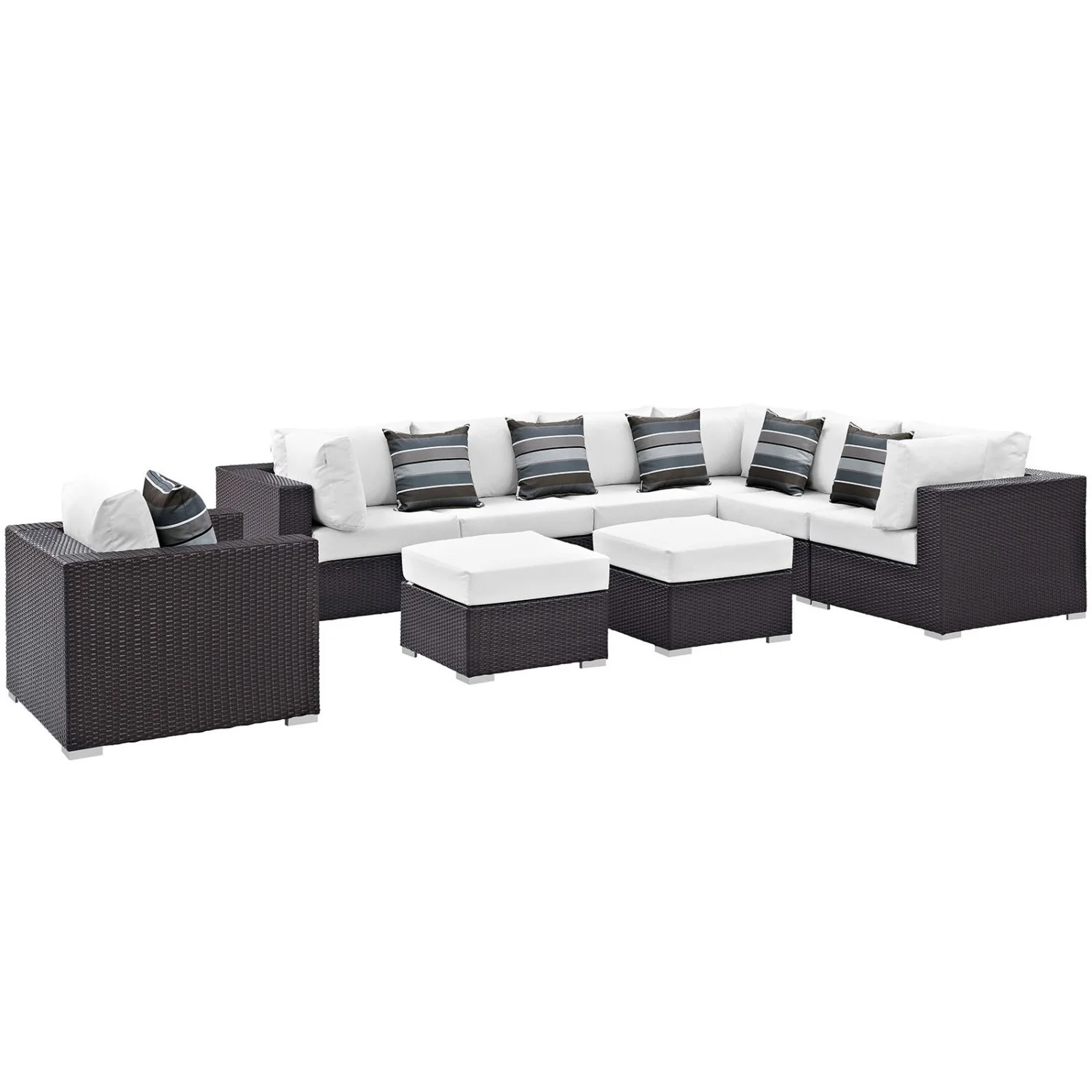 Lounge Sectional Sofa Set, White, Rattan, Wicker, Outdoor Patio Balcony Cafe Bistro Garden Hospitality Restaurant, Modern Contemporary HB36510
