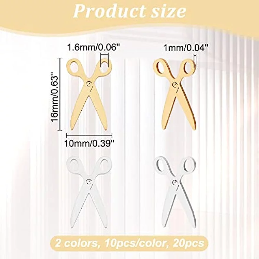20Pcs 2 Colors Scissors Shape Charms Golden Sewing Scissors Pendants Cute Barber Scissors Charms Stainless