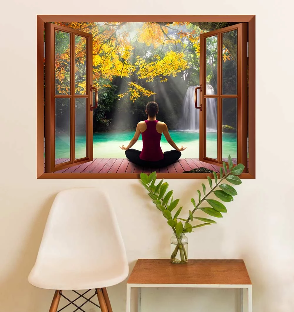 wall26 Modern Copper Window Looking Out Into a Woman Meditating by a Lake with a Waterfall - Wall Mural, Removable Sticker, Home Decor - 24x32 inches