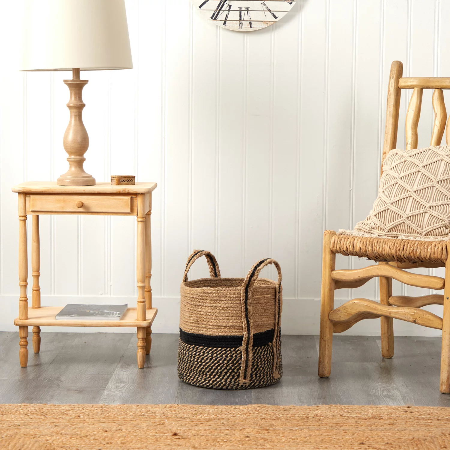 Nearly Natural 13in. Boho Chic Basket  Jute Basket Planter, Black Bottom  Top with Handles