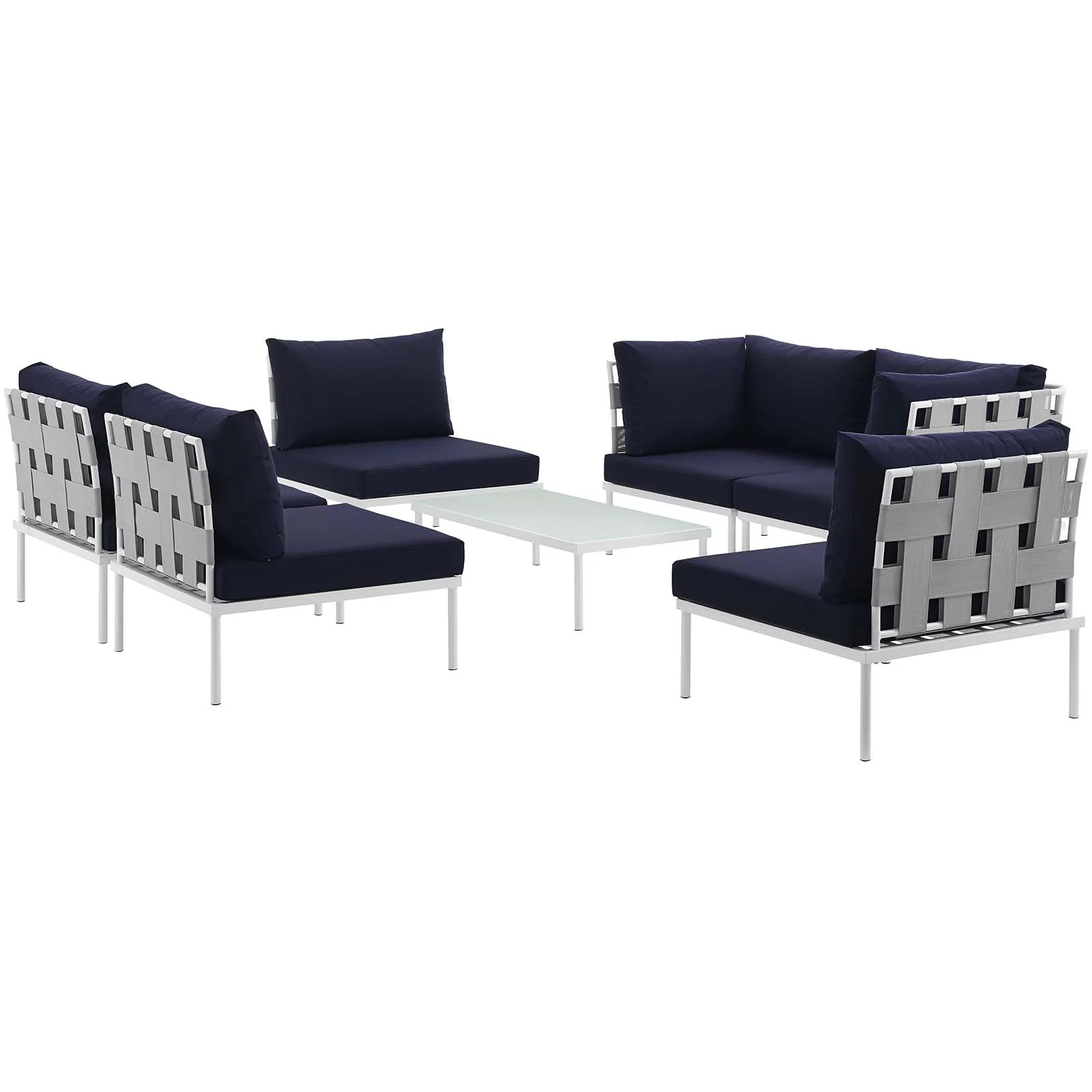 Modern Contemporary Urban Design Outdoor Patio Balcony Seven PCS Sectional Sofa Set, Navy Blue White, Rattan