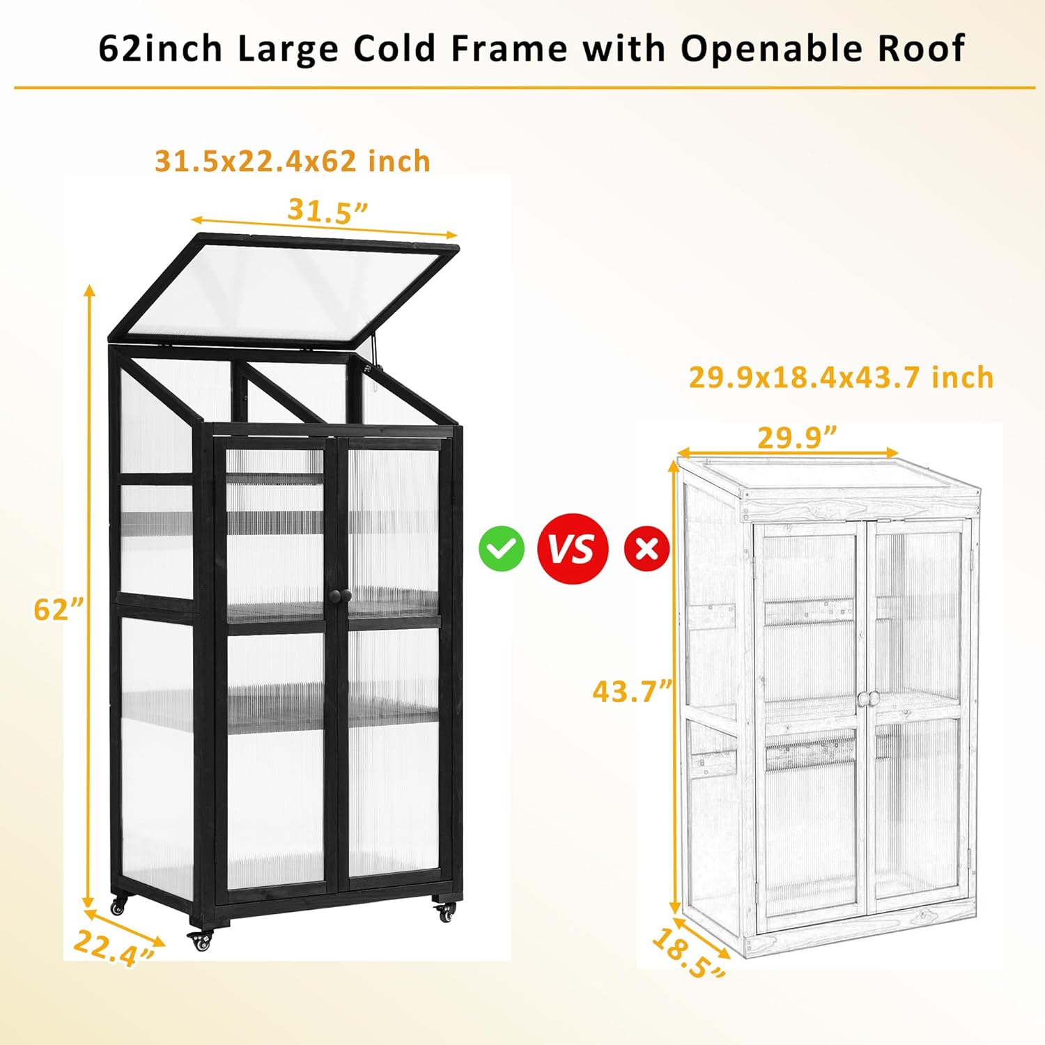 Wooden Greenhouse, Cold Frame Portable Greenhouse with Wheels and Adjustable Shelves for Indoor Outdoor Patio Balcony Garden, 31.5
