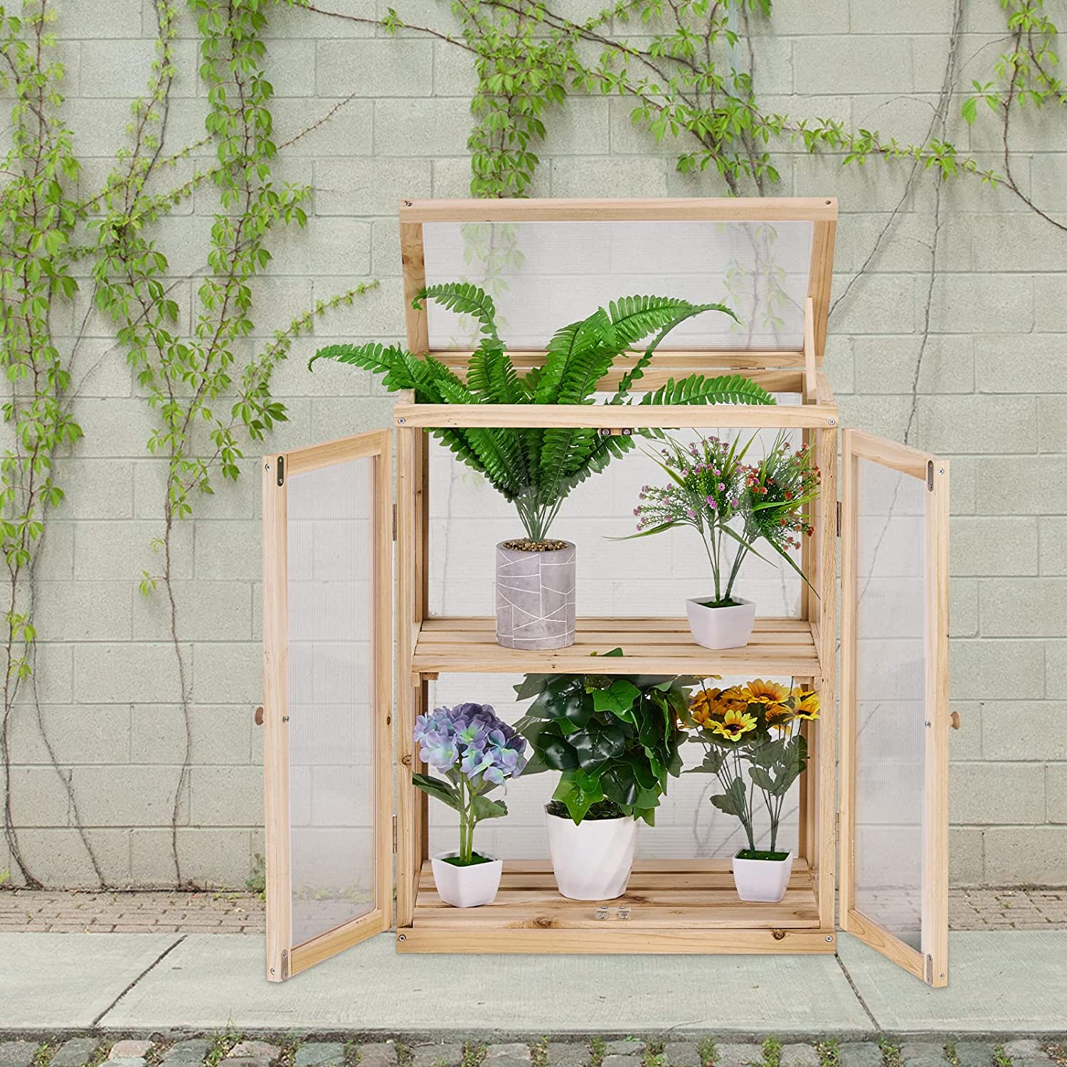 Greenhouse Wooden Cold Frame Greenhouse, Garden Portable Greenhouse Raised Flower Planter Shelf Bed Protection for Home Decor Indoor Outdoor Patio Balcony Garden Backyard Farmhouse