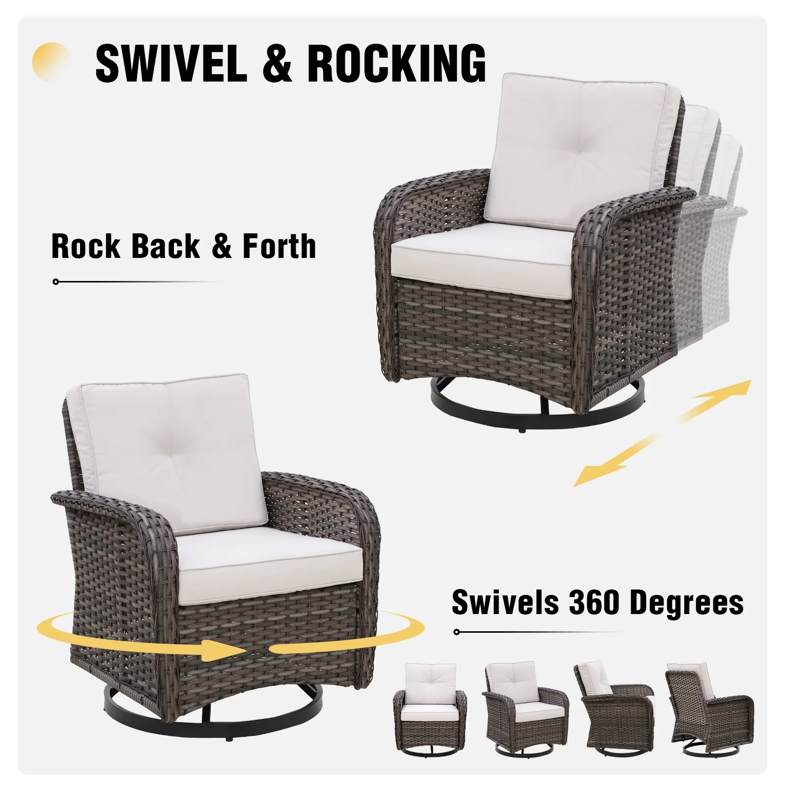 EAGLE PEAK 3 Pieces Patio Furniture Sets, 2pcs Wicker Rattan Swivel Rocker Chairs with Cushions and Side Table
