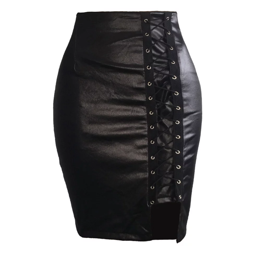Winter Skater Skirt Women Ladies High Waist And Knee Skirt Bandage Split Sexy Hip Leather Skirt Skirt