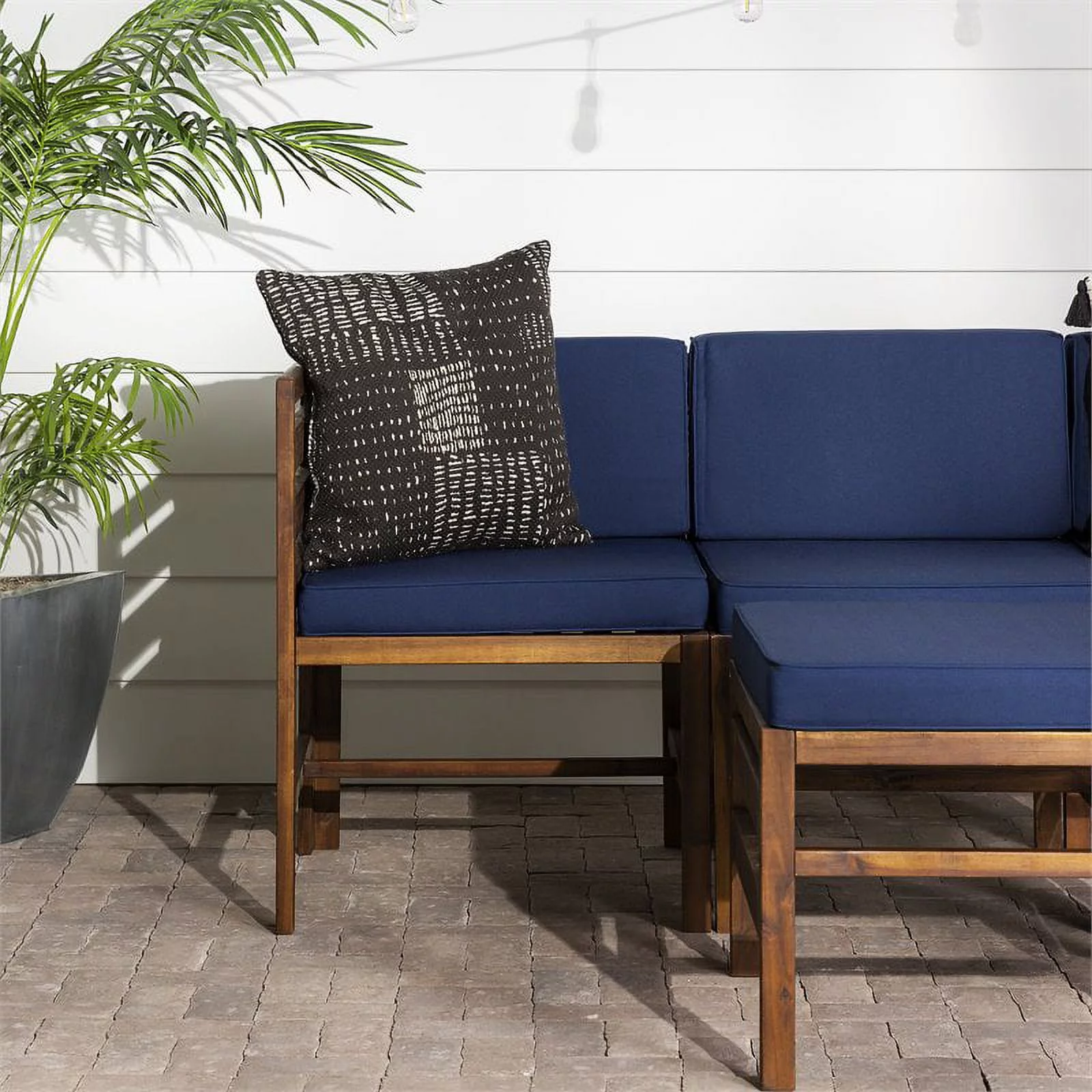 Sanibel 4 Piece Modular Acacia Set with Ottoman in Dark Brown/Navy Blue