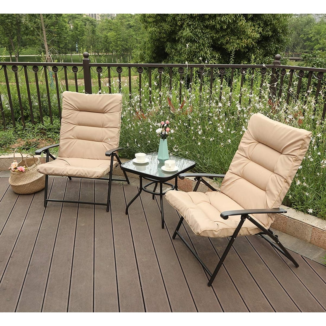 PHI Villa  Patio Padded Folding Conversation Chair 3-Piece Set Dark Beige