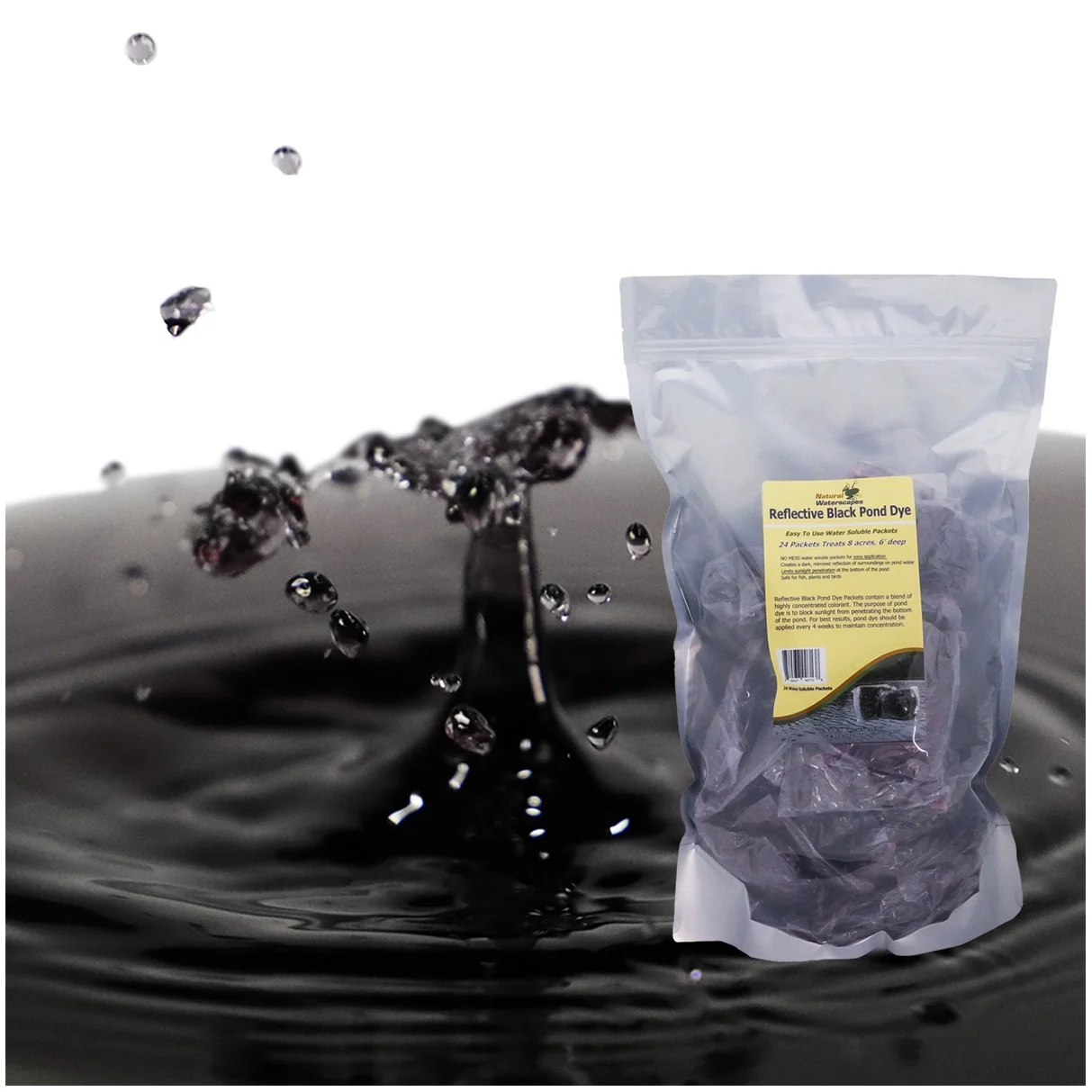 Natural Waterscapes Reflective Black Pond Dye Packets- 24 Water Soluble Packets for Use In Lake and Pond