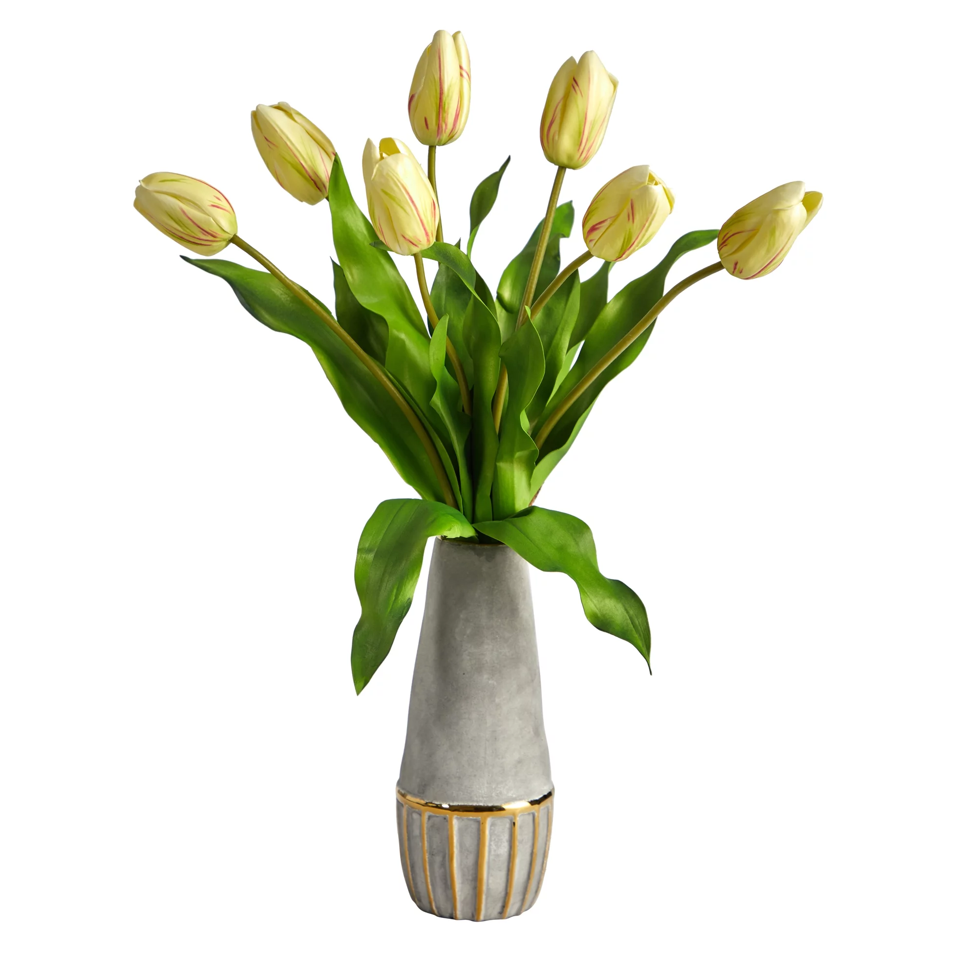 Nearly Natural 22in. Dutch Tulip Artificial Arrangement in Stoneware Vase with Gold Trimming