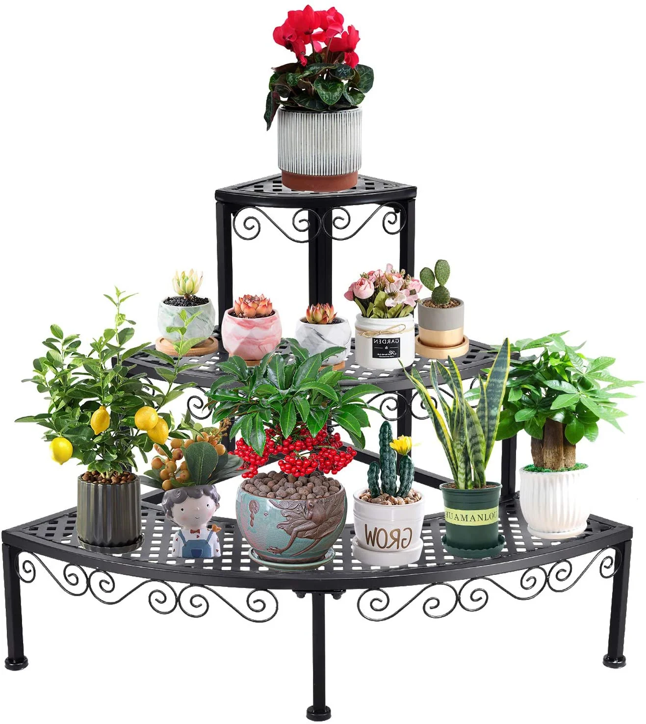 Corner Plant Stand Flower Pot Organizer Rack, 3 Tier Quarter Round Plant Display Holder Storage Shelves, Metal Corner Shelf Planter Shelving Ladder Plant Stand for Indoor Outdoor Use