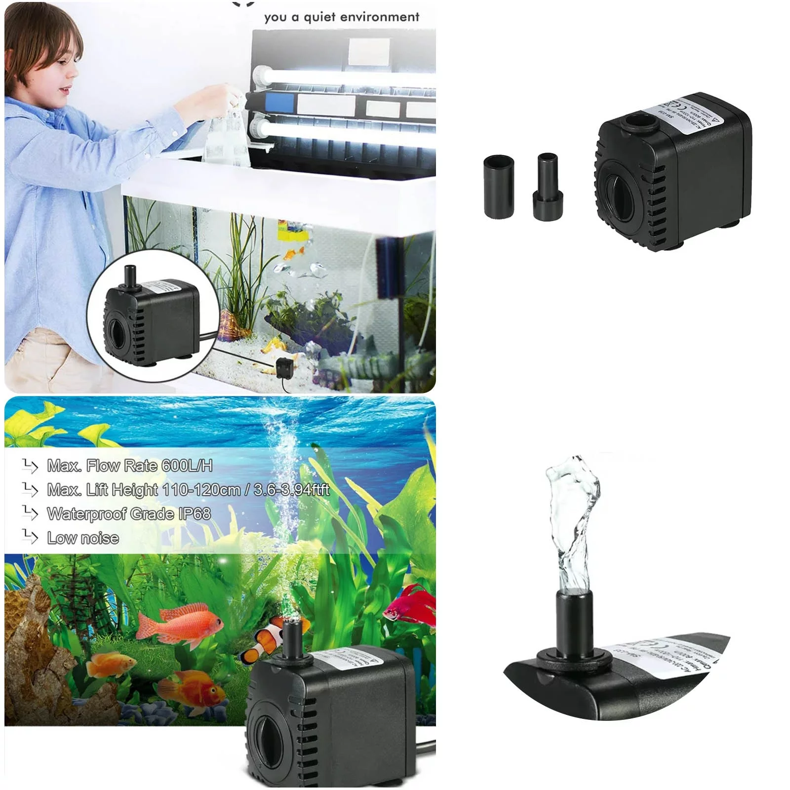 FHKOEGHS 8W Small Submersible Water for Outdoor Indoor Tabletop Water Aquarium Fish Tank Hydroponic Pond Power Cord 2 Nozzles