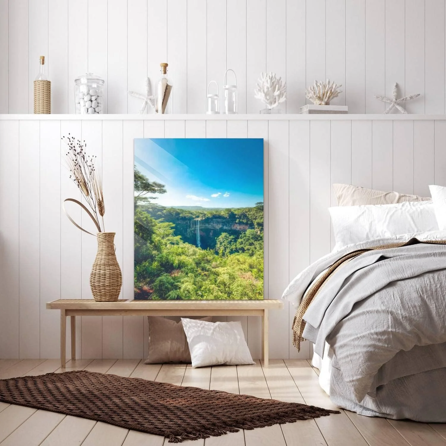 HelloGlass Tempered Glass Wall Art Decor Tropical waterfall in chamarel on mauritius island africa Prints On Glass Paingting Picture Modern Artworks For Living Room Bedroom Office 12x8inch