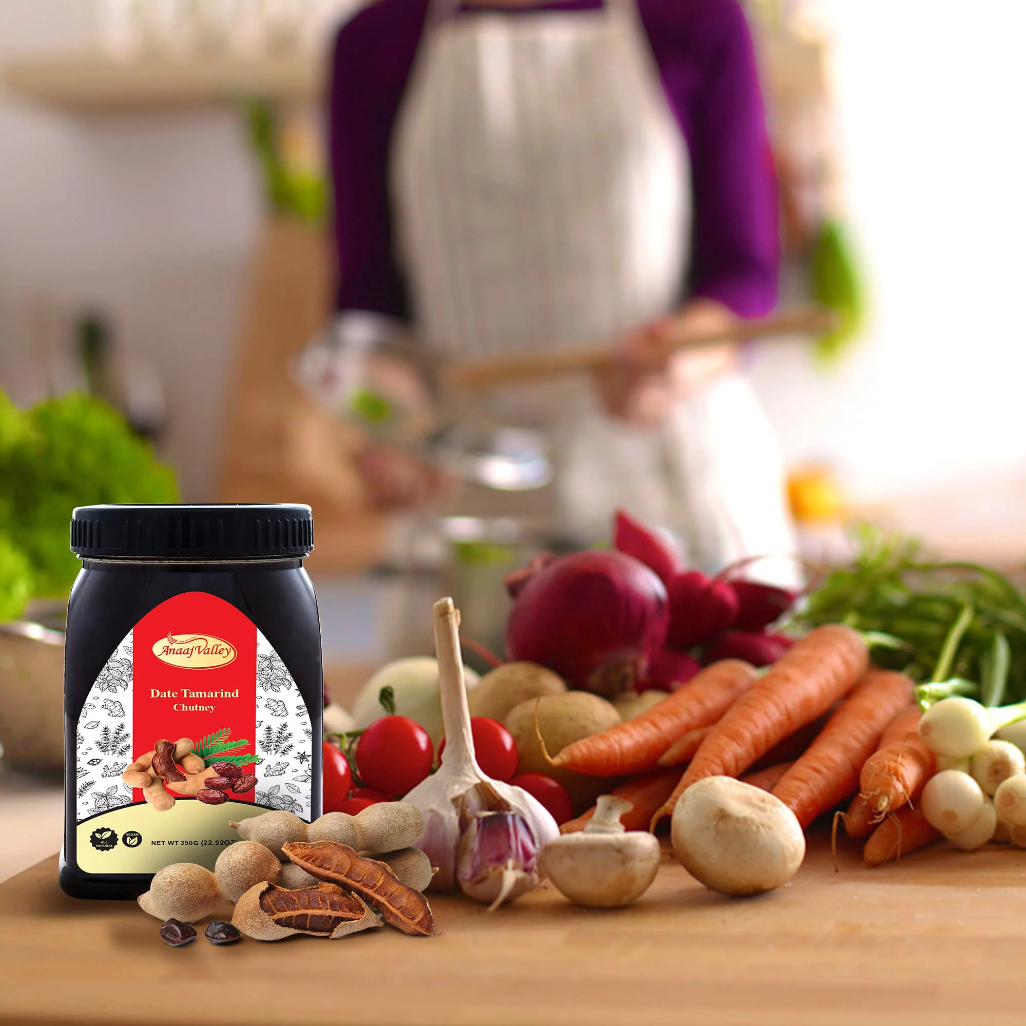 Anaaj Valley Pure Tamarind and Date Chutney - Premium Spicy ilmi Chutney - Used with Chicken, Sandwich, Salad - NON-GMO, Vegan, Gluten Free, All Natural Sweet and Sour Tamarind Date Sauce, 350 Gr