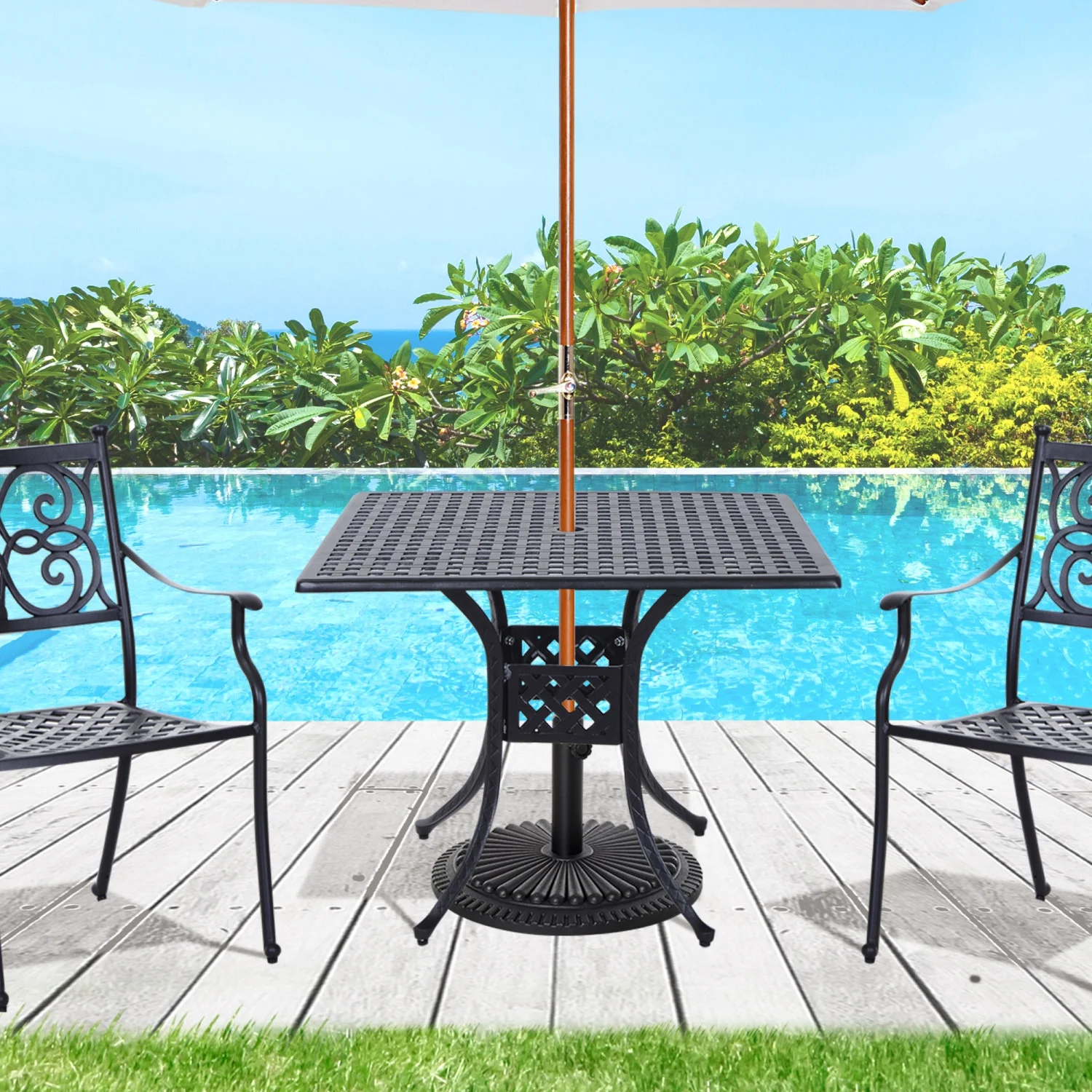 YLtoohoom 36” Square Patio Dining  with 2” Dia Umbrella Hole  Cast Aluminum Outdoor Dining   Outdoor Bistro  for Garden  Backyard  Porch  Black