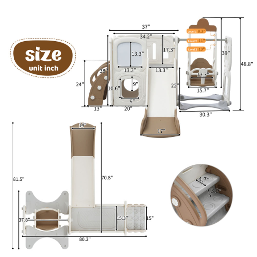 5 in 1 Slide and Swing Set, with Drawing Whiteboard, Freestanding Combination - Coffee
