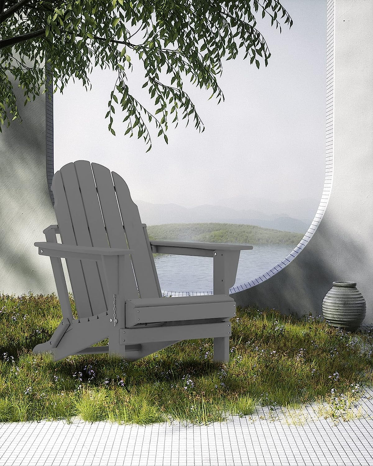 Adirondack Folding Chair, HDPE Outdoor Plastic Patio Chairs for Fire Pits, Gardens, Decks, Seaside Weather Resistant, Waterproof, Easy to Assemble (Grey)