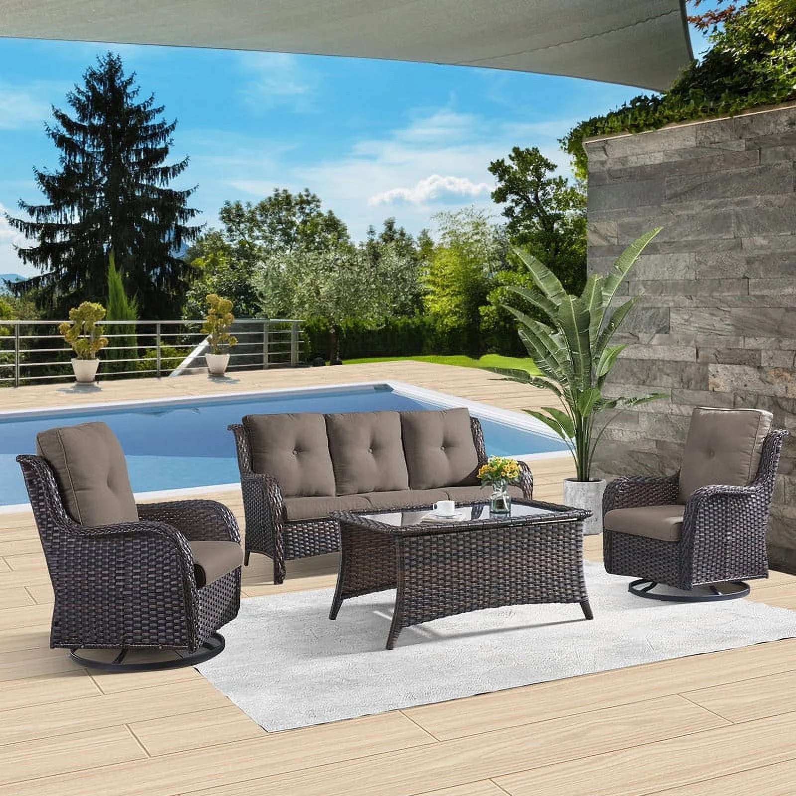 PARKWELL 4 Pieces Outdoor Patio Furniture Set Wicker Rattan Swivel Glider Chairs Cushioned Sofa Dining Table All-Weather Conversation Sectional with Anti-Slip Cushions for Balcony