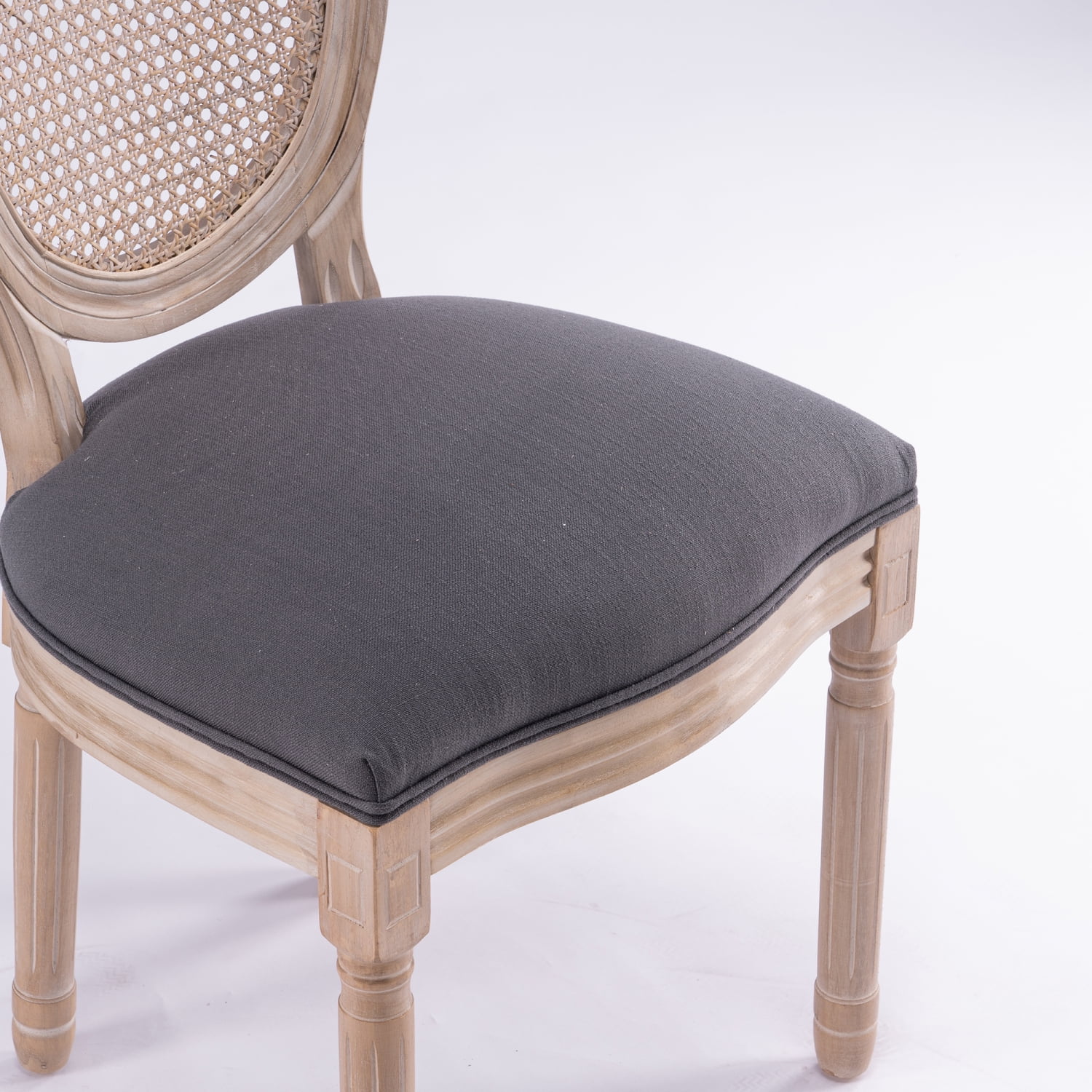 Set of 2 Elegant French Style Gray Linen Fabric Dining Chairs with Solid Wood Frame and Rattan Back