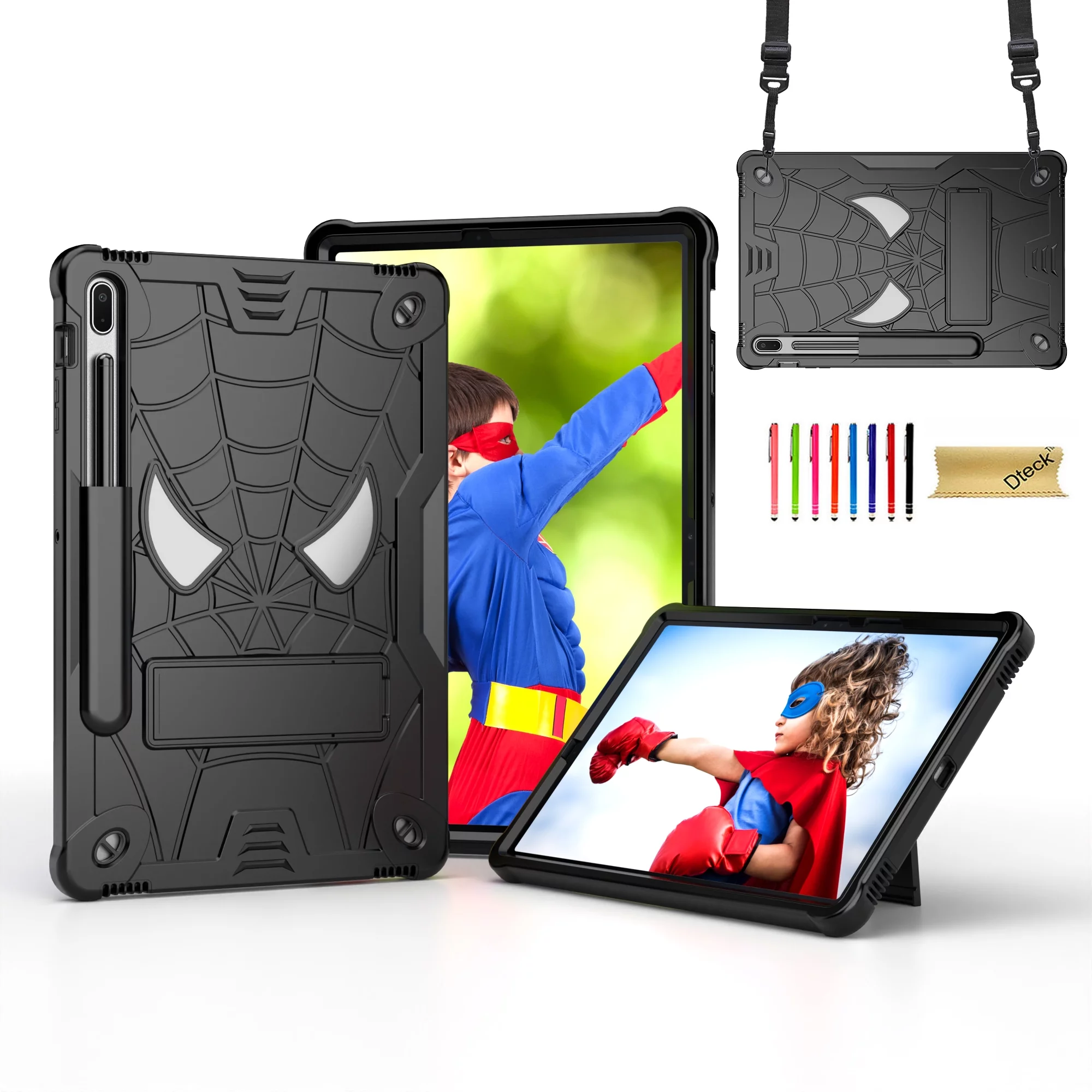 Dteck for Samsung Galaxy Tab S8 / S7 11 Inch Tablet Case with Pencil Holder, Heavy Duty Hybrid Shockproof Rugged Kids Case with Kickstand Crossbody Shoulder Strap,Black