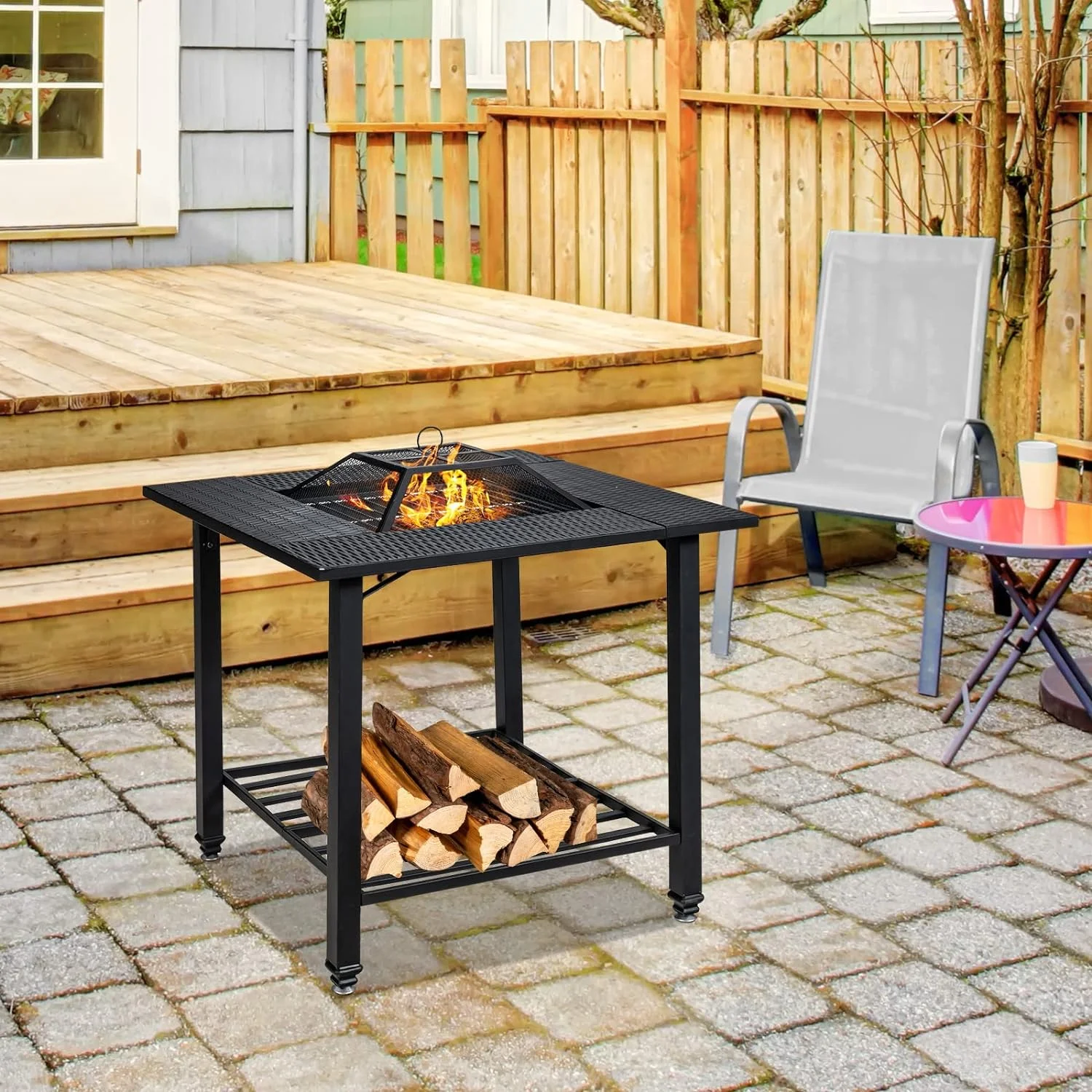 Elegant 4 in 1 Outdoor Fire Pit, Heavy Duty Metal Square Wood Burning Fire Pit with Spark Screen Cover, Removable Lid, Cooking Grate, Log Grate and Fire Poker, BBQ Garden Fireplace for Heating