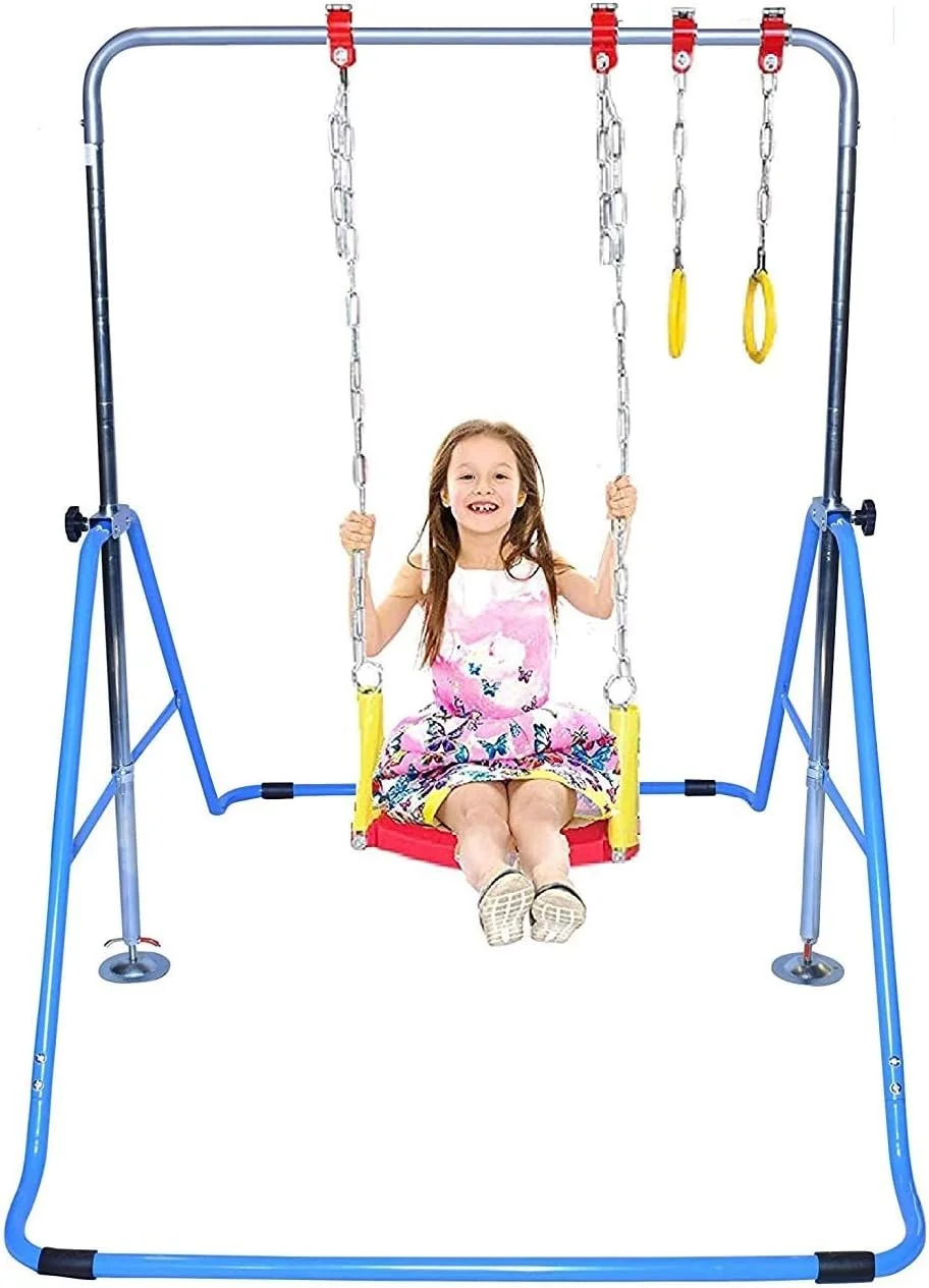 Gym 3 in 1 Gymnastics Monkey Bar Deluxe Swing Set, Trapeze Rings, Adjustable Horizontal Climb Tower Playground Junior Training Blue