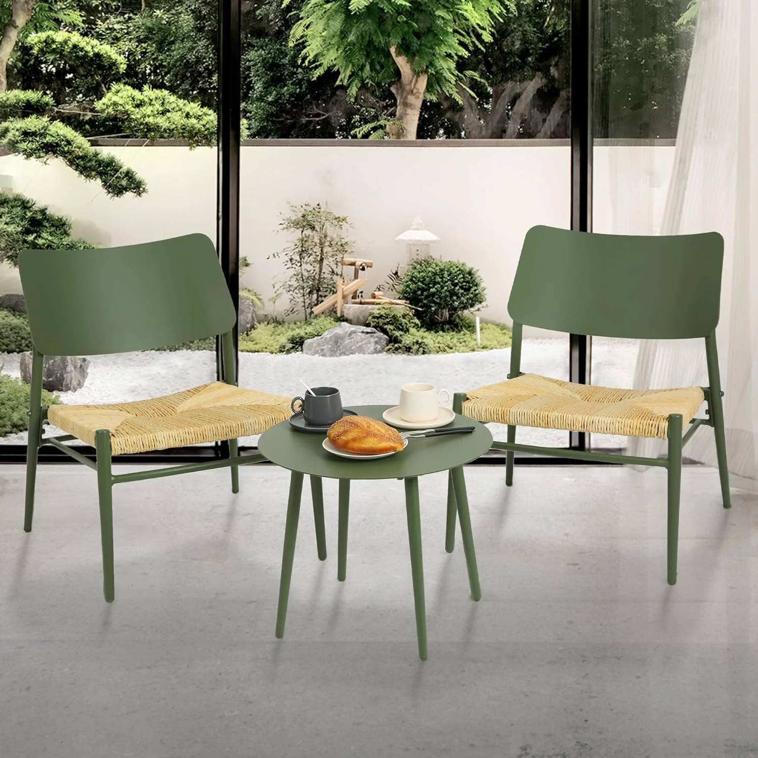 HOMEFUN Patio Bistro Sets 3 Piece Indoor and Outdoor Aluminum Side Table and 2 Chairs with Wide Seat Conversation Set for Porch, Backyard, Lawn, Garden, Living Room, Green