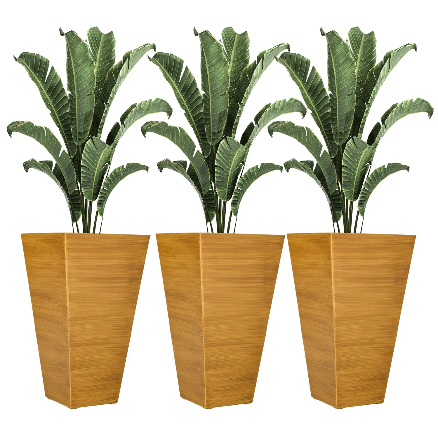 CHYITB 28” Tall Outdoor Planters  Set of 3 Large Taper Planters with Drainage Holes and Plug  Faux Wood Plastic Flower Pots for Outdoor  Indoor  Garden  Patio  Tan