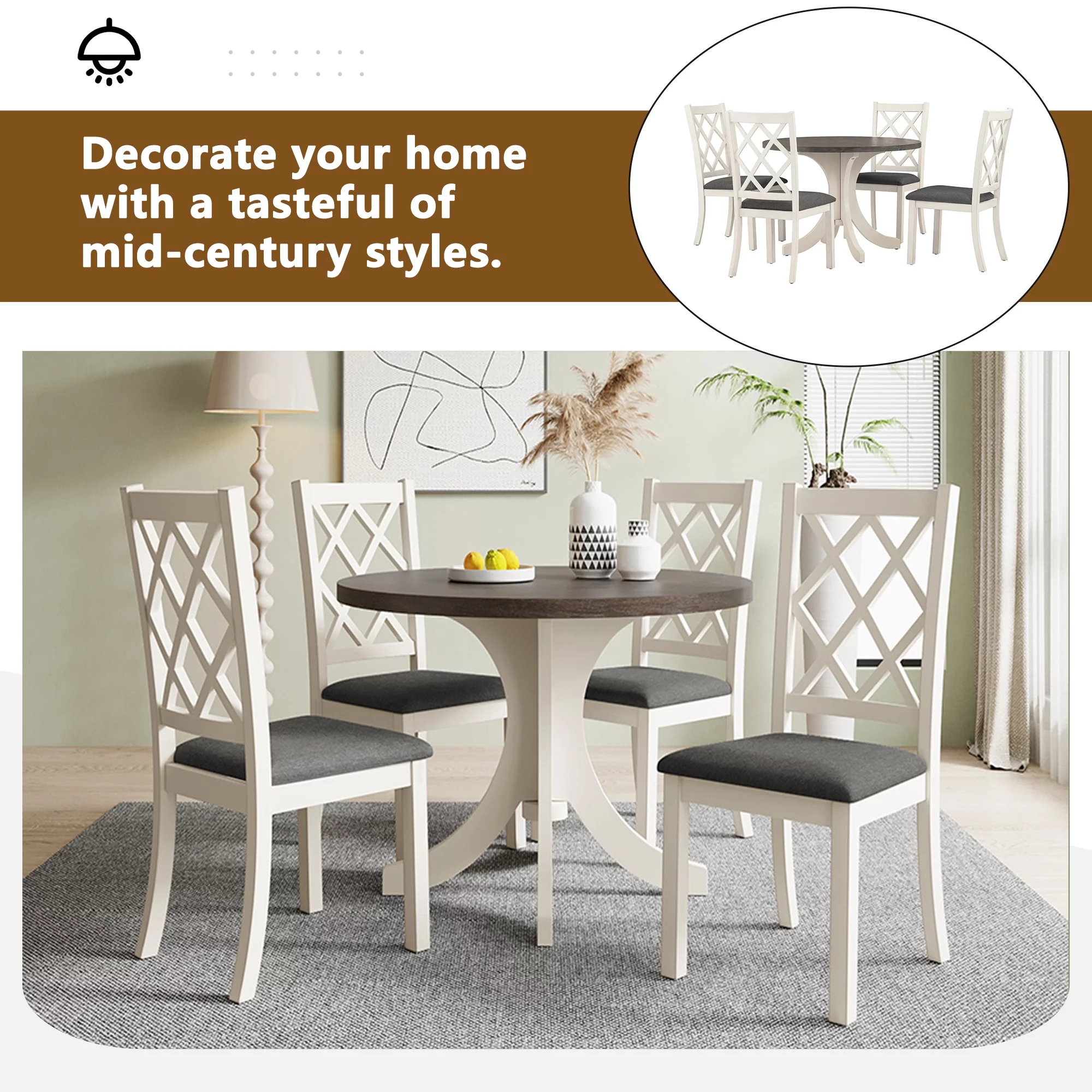 CoSoTower Mid-Century Solid Wood 5-Piece Round Dining Table Set, Kitchen Table Set With Upholstered Chairs For Small Places, Brown Table+Gray Chair