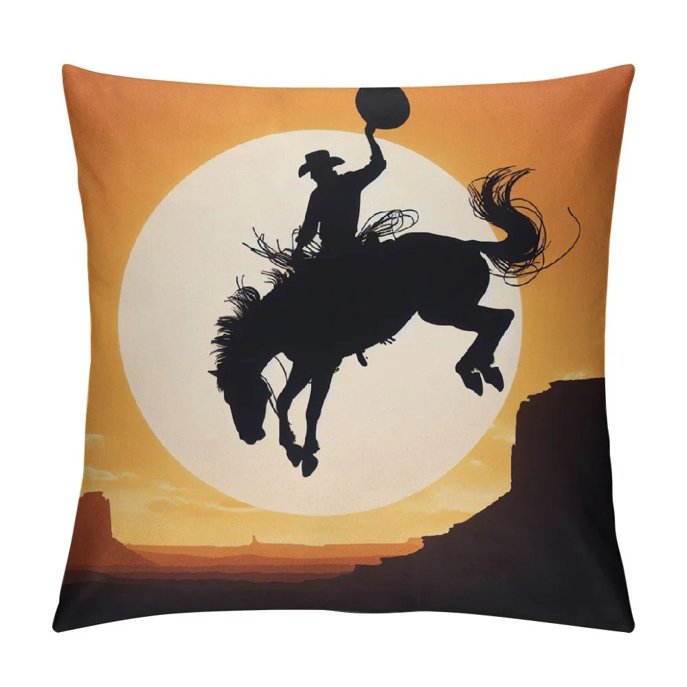 JRXY Cowboy Riding Wild Horse Throw Pillow Covers,Desert Sunset West Cactus Square Pillow Cases Decorative Cushion Cover for Sofa Bedroom Living Room White