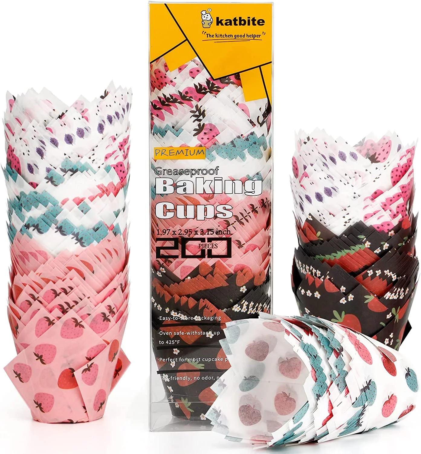 Katbite Tulip Cupcake Liners 200PCS, Muffin Baking Cupcake Liners Holders with Strawberry Design, Baking Cups