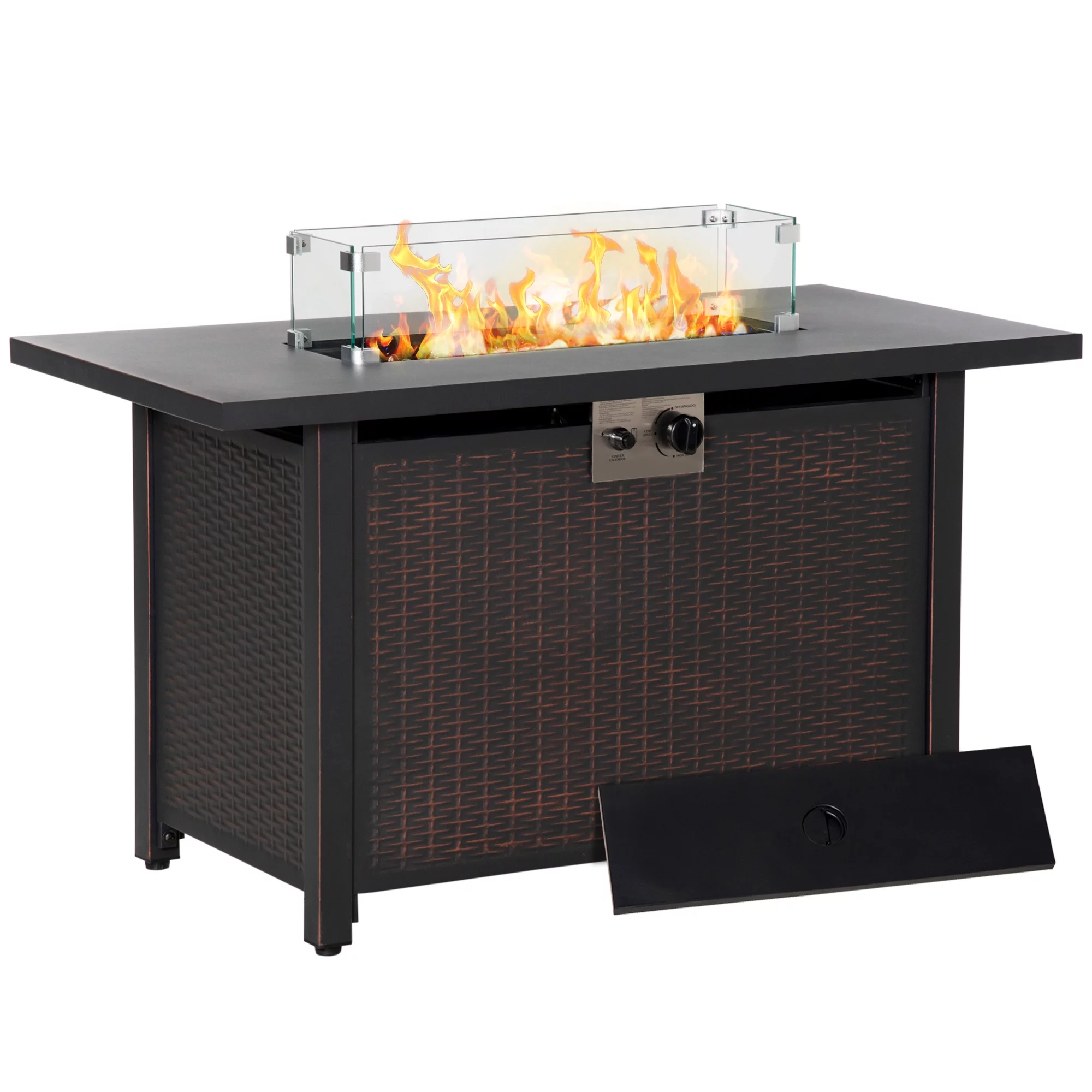 Homiyad 43 Inch Outdoor Propane Gas Fire Pit Table, 50,000 BTU Auto-Ignition Rectangular Wicker-Effect Gas Firepit with Glass Wind Guard, Lid, Glass Beads, Steel Base, Csa Certification, Bronze