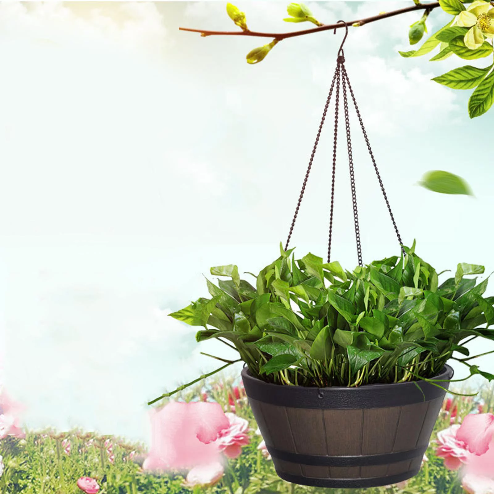 Large Wooden Bucket Barrel Planters - Rustic Flower Planters Pots With hanging chain