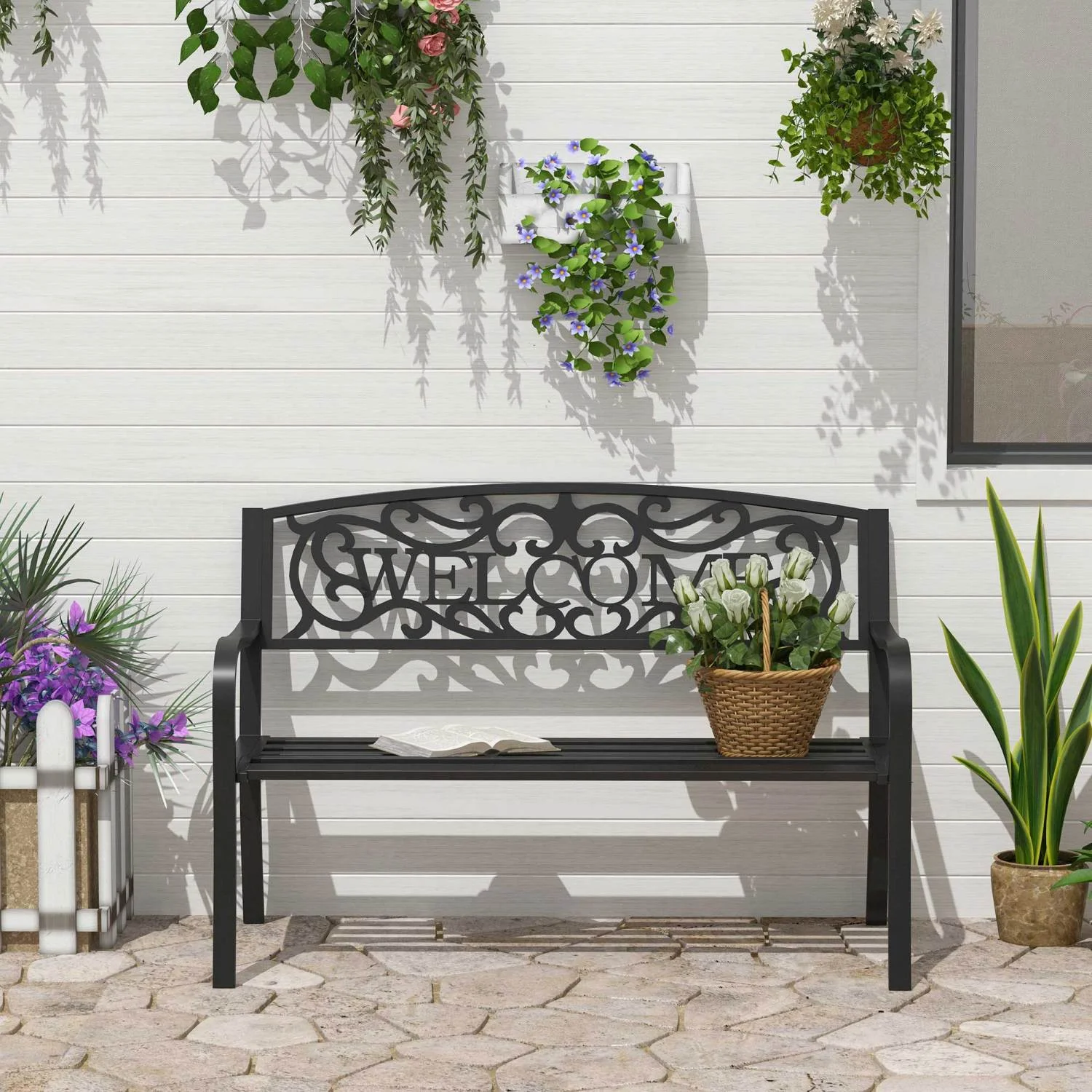 SQEWRED 50” Outdoor Metal Welcome Bench  Garden Bench with Slatted Seat  Patio Bench for Park  Porch  Yard  Entryway  Black
